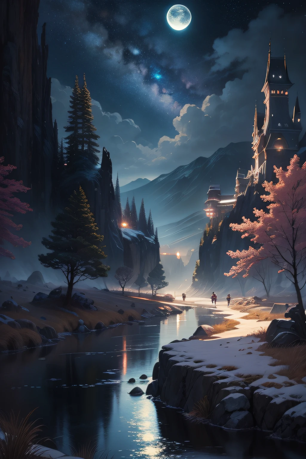 A painting of a river with stars and moon in the sky, concept art inspired by Tosa Mitsuoki, pixiv contest winner, best quality, fantasy art, beautiful anime scene, a bright moon, moonlit starry environment, dream painting, Anime Background Art, Fantasy Landscape Art, Fantasy Night, Anime Background, Background Artwork, Fantastic Art, Atmospheric Anime, Starry Sky, Detail Enhanced.