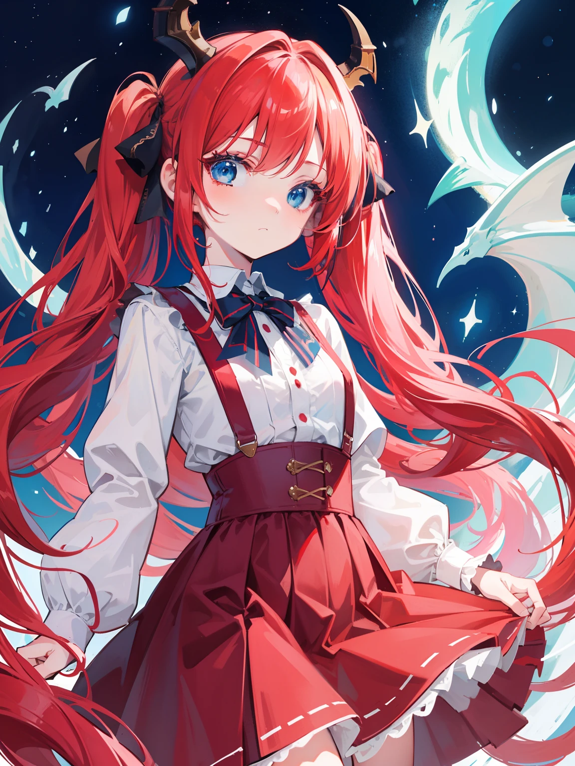 {{best quality}}, {{masterpiece}}, {{ultra-detailed}}, {illustration}, {detailed light}, red hair,blue eyes,twintails,lolita,Suspenders skirt,Fantastic,loli,solo,Dragon horns,little girl,long hair