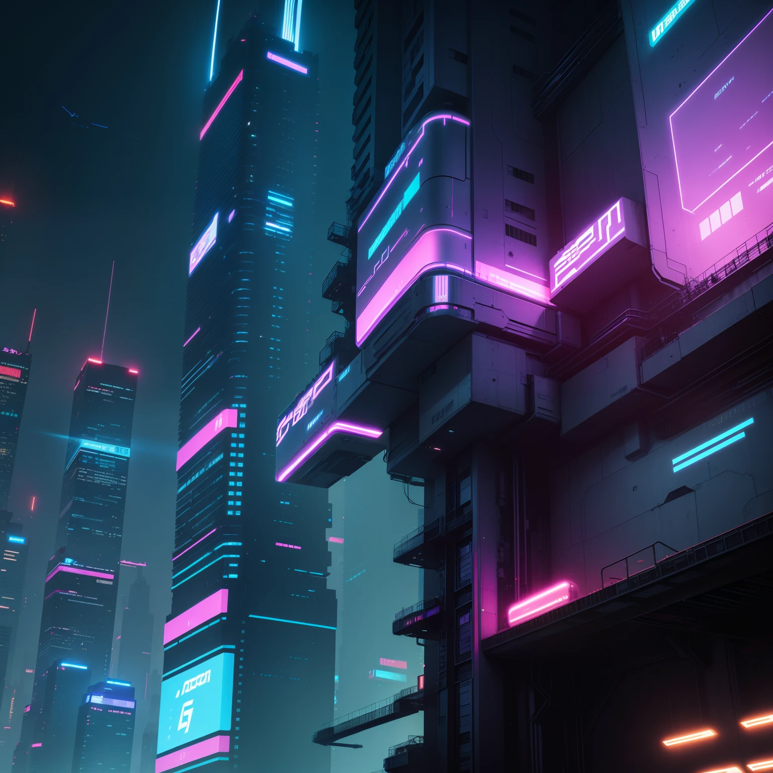 Cyber Future，the night，Neon lights，The towering buildings shimmer with light，Flying machines weave through the gaps in the building。