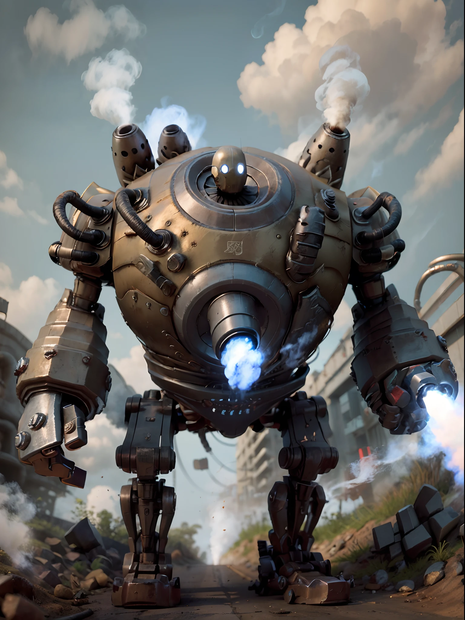 dynamic, realistic, solo, black and red mecha, (gatling gun, minigun, machine gun), (missile pods mounted on shoulders), war zone backdrop, shell casings, gun smoke, muzzle flash, human-sized, 12 feet tall