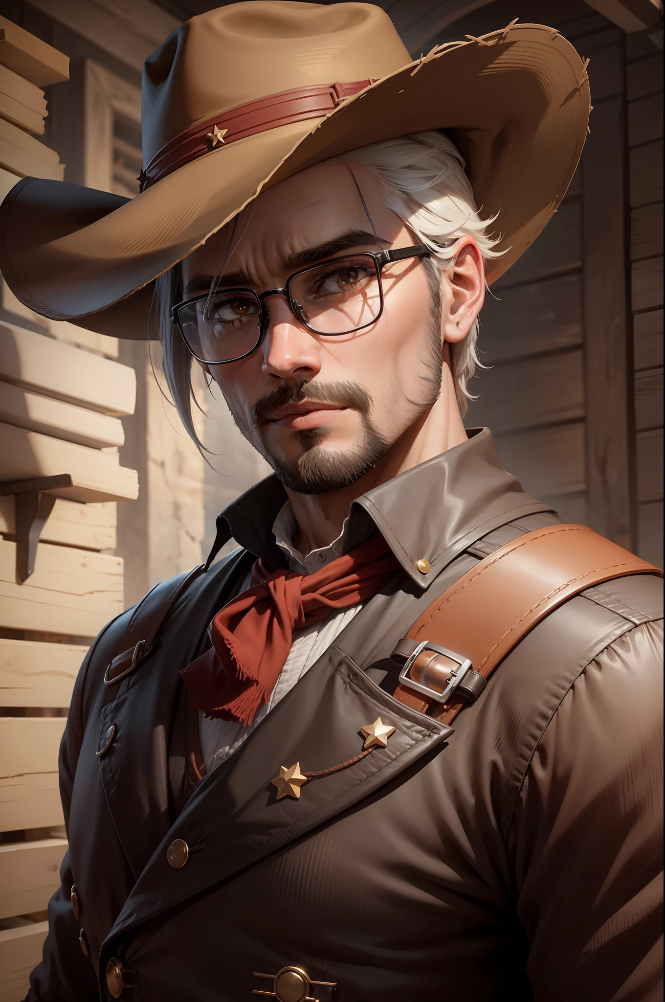 Um personagem no estilo de arte de Red Dead Redemption com cabelos grisalhos, vestindo um terno de couro preto com uma gravata vermelha, camisa escura e colete de couro preto com cinto, usando botas de couro pretas e uma barba escura com uma cicatriz de queimadura de uma estrela em seu rosto; with black round glasses