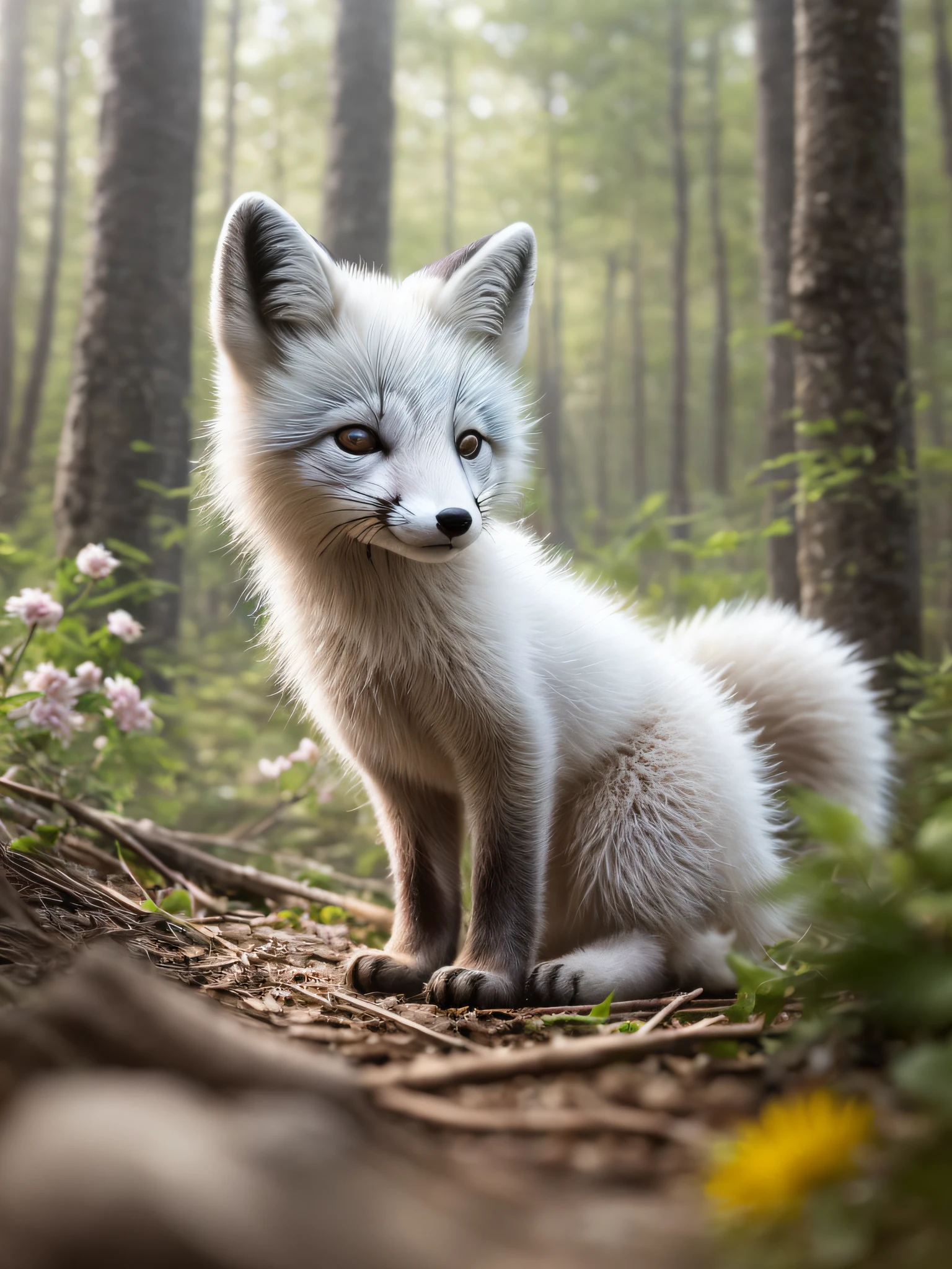 (:1.2)(Arctic fox)painting of a、Spectacular realistic photos、in woods、A lot of beautiful flowers、forest trees々、Sunlight、depth of fields、blurry backround、The tree々Add depth to your images with a backlight effect that filters sunlight、