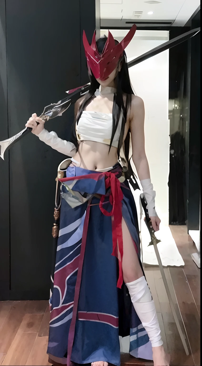 The Arad woman in costume holds a sword and a sword, Anime cosplay, cosplay, Yongen in League of Legends, rpgmaker, Anime girl cosplay, Yong Eun, cosplay foto, full-body wuxia, professional cosplay, From《league of legend》, full-body xianxia, she is holding a katana sword