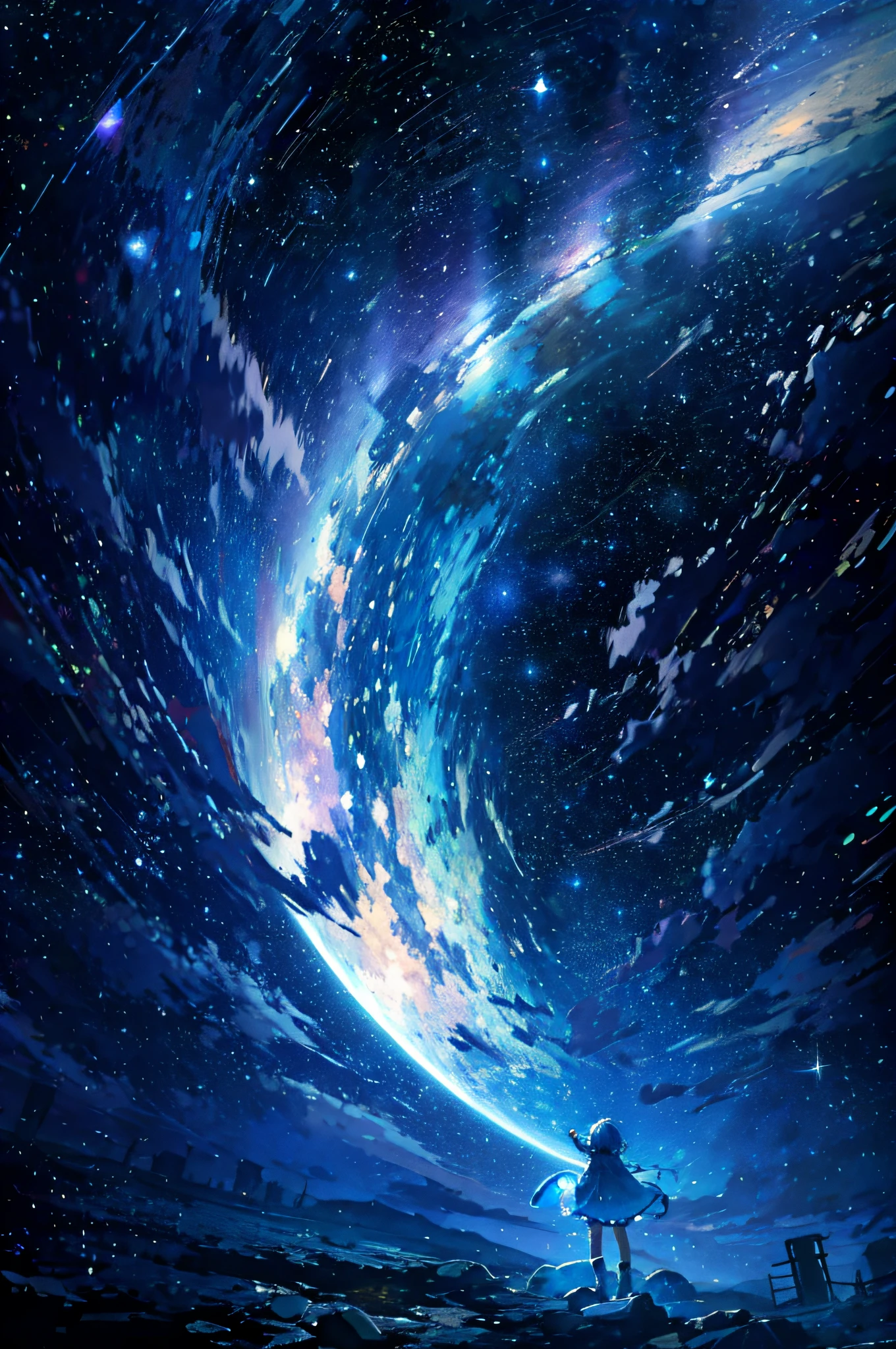 kosmos，starrysky，Kizi，Girl looking at the stars，Add characters，Back shadow，smallness，Improves overall brightness