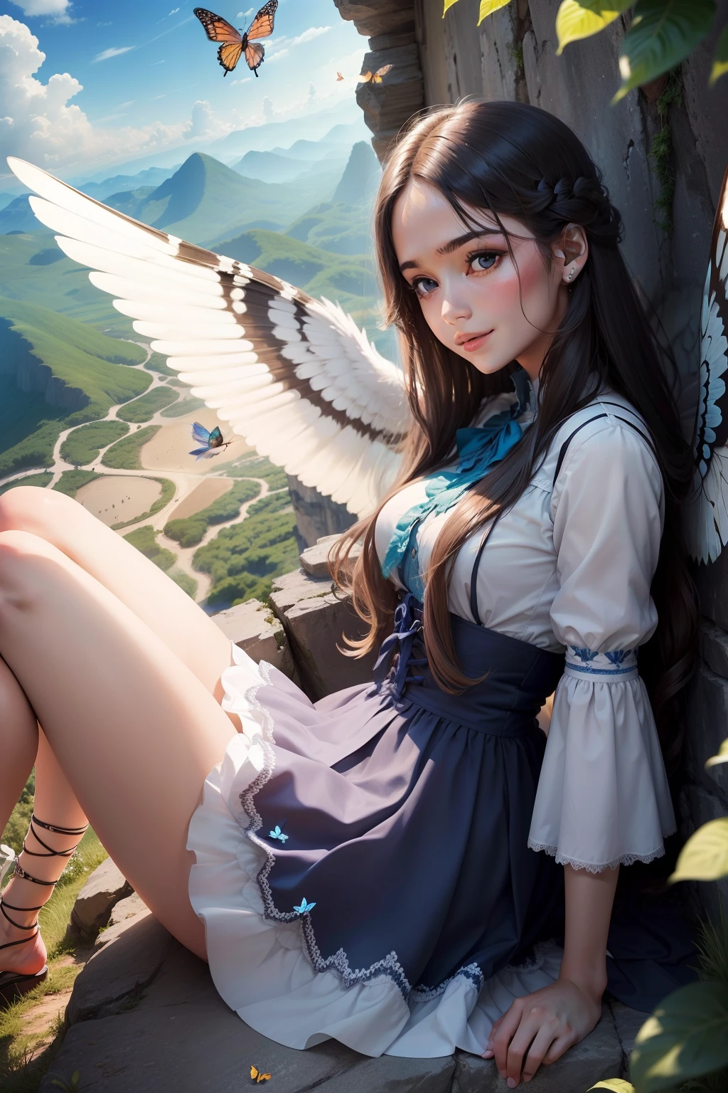 The image should show a person with wings flying among butterflies on a mountain in the sky. A pessoa deve ser feliz e sorridente, e as borboletas devem ser sex coloridas e vibrantes. A montanha deve ser alta e majestosa, and the sky should be blue and clear. A imagem deve ser inspiradora e edificante, and it must convey a sense of freedom and hope.
"duas pessoa", diga "duas mulher com cabelos longos dois vestido sex"miss.