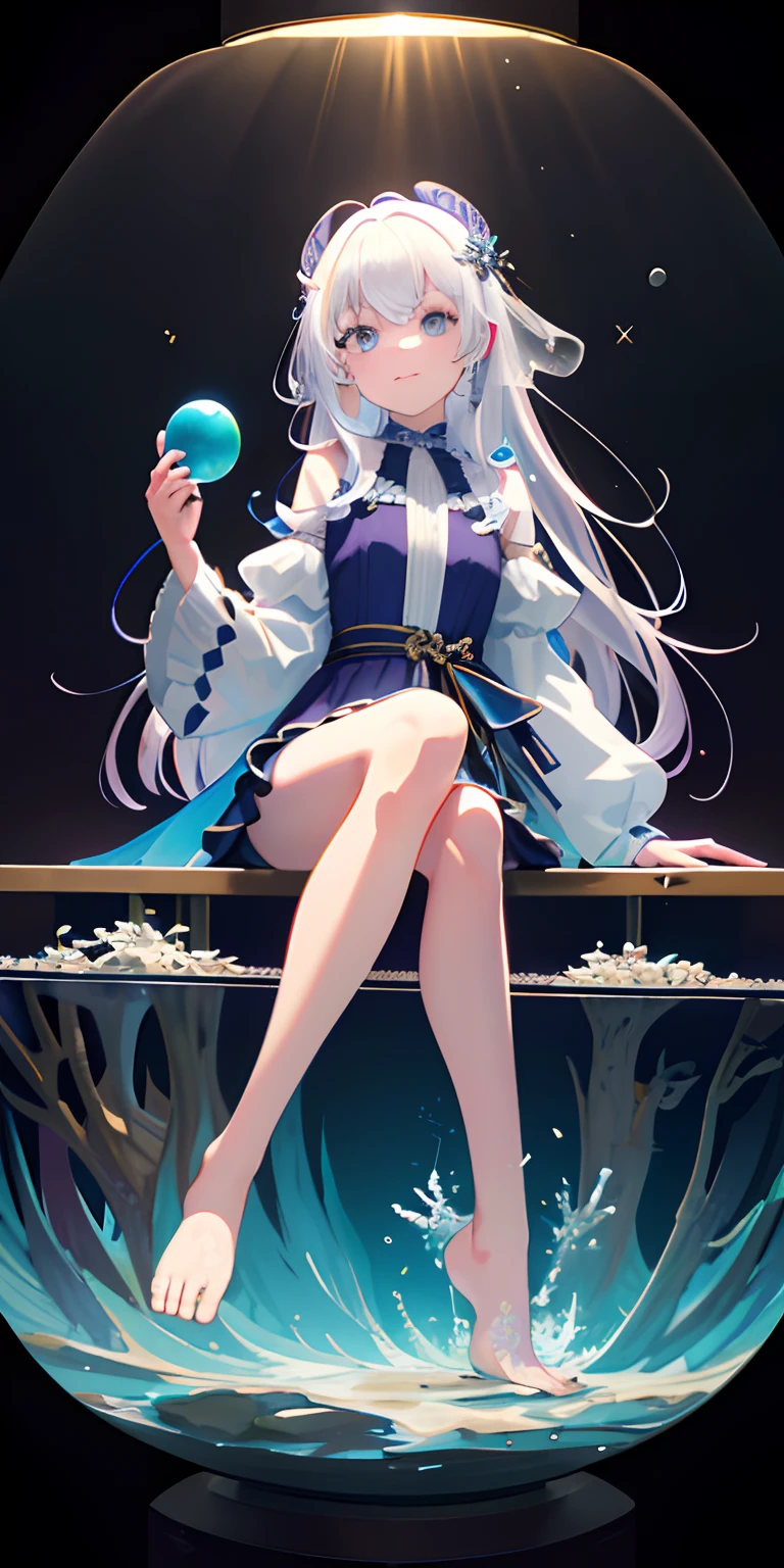 [(Transparent background:1.5)::5],(((Masterpiece))),(((Best quality))),(((Extremely detailed))),illustration, 1girll,Solo,mysterious,vivd colour,Shiny, Underwater transparent sealed hemispherical glass dome, (White hair),(Purple eyes), full bodyesbian,Barefoot,Long hair is calm and natural, Koi,Underwater, Dome,Close up,Dynamic actions,Lens perspective,(((Box composition))),sitting cross-legged，Leaning against the bookshelf, voluminetric lighting, multi colored eyes, Detailed eyes, ultra - detailed,Light smile, Highly detailed, Beautiful, small detailed, Ultra detailed, Best quality, Intricate, 4K, 8K, trending on artstationh, Good anatomy, Beautiful lighting, Award-winning,