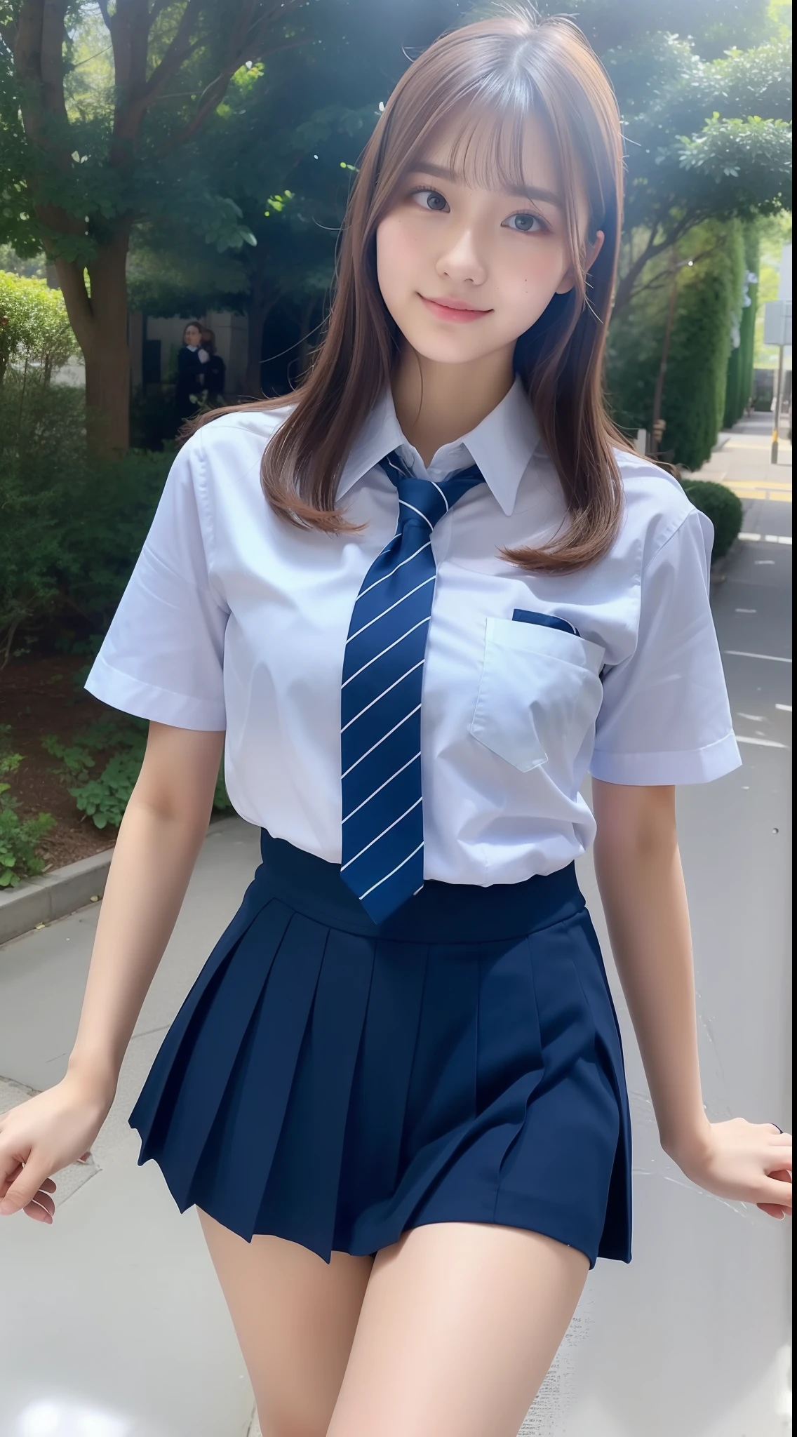 High school girl 18 years old wearing shirt and miniskirt with light blue tie