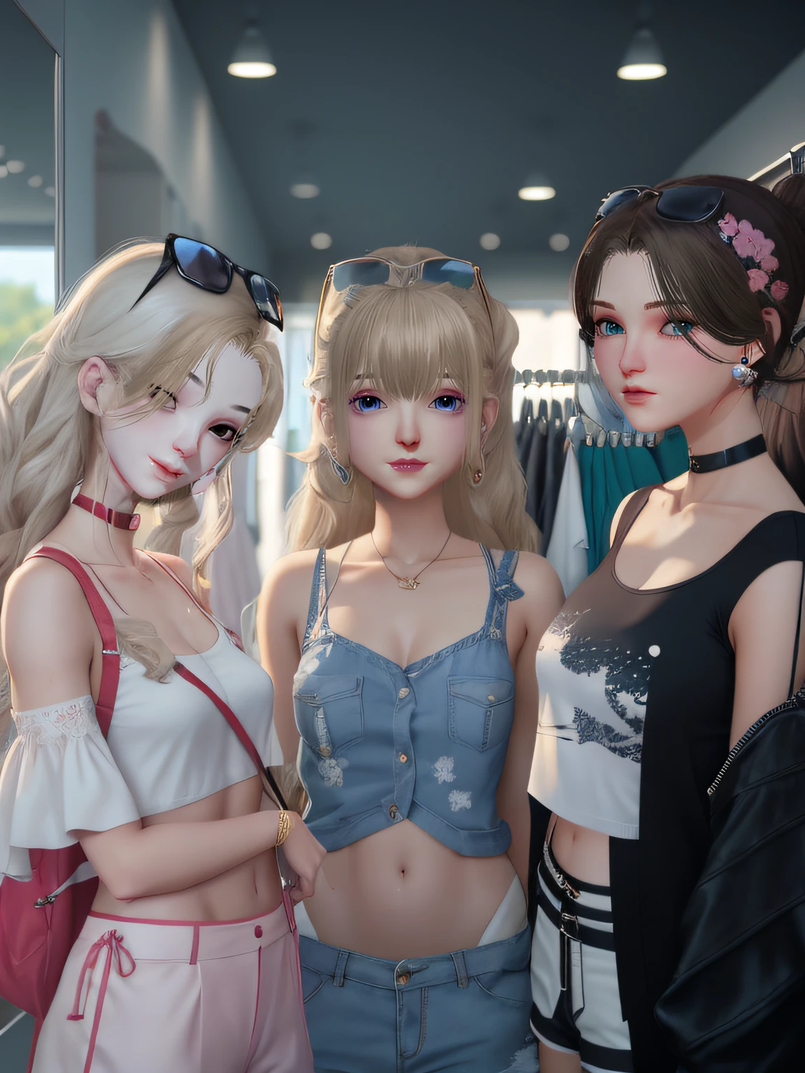 three women in different outfits standing next to each other, inspired by Sim Sa-jeong, anime styled 3d, trending on cgstation, fashion gameplay screenshot, trending at cgstation, game cg, 3 d cg, 3d cg, ****, anime style. 8k, e-girl, realistic anime 3 d style, naughty clothes, slender abs, perfect body, summer outfits, fitting room,