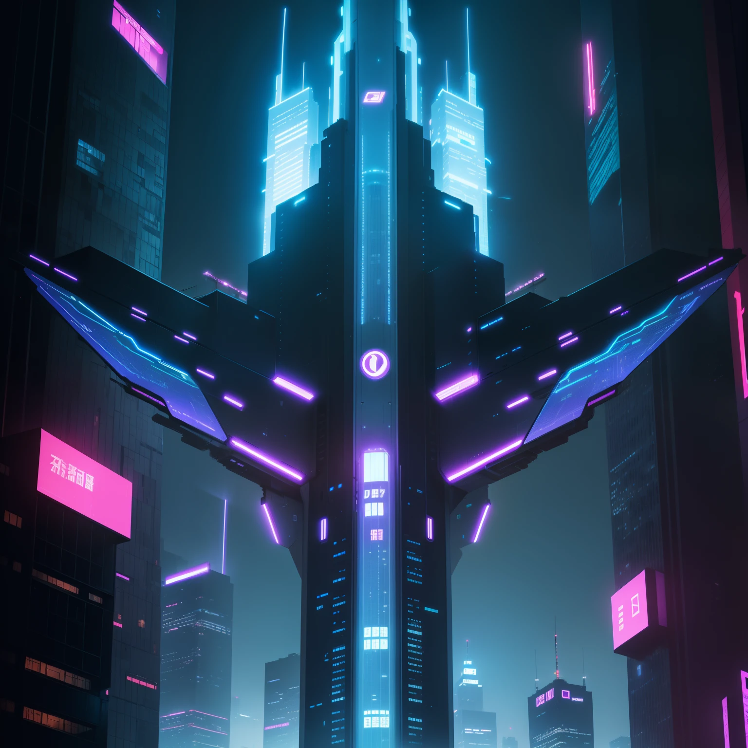 Cyber Future,the night,Neon lights,The towering buildings shimmer with light,Flying machines weave through the gaps in the building。
