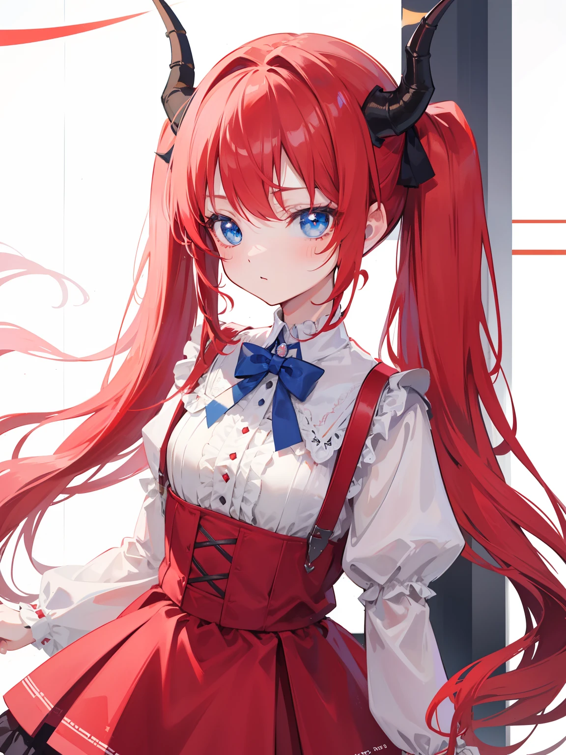 {{best quality}}, {{masterpiece}}, {{ultra-detailed}}, {illustration}, {detailed light}, red hair,blue eyes,twintails,ta,Suspenders skirt,Fantastic,lolio,Dragon horns,little gir