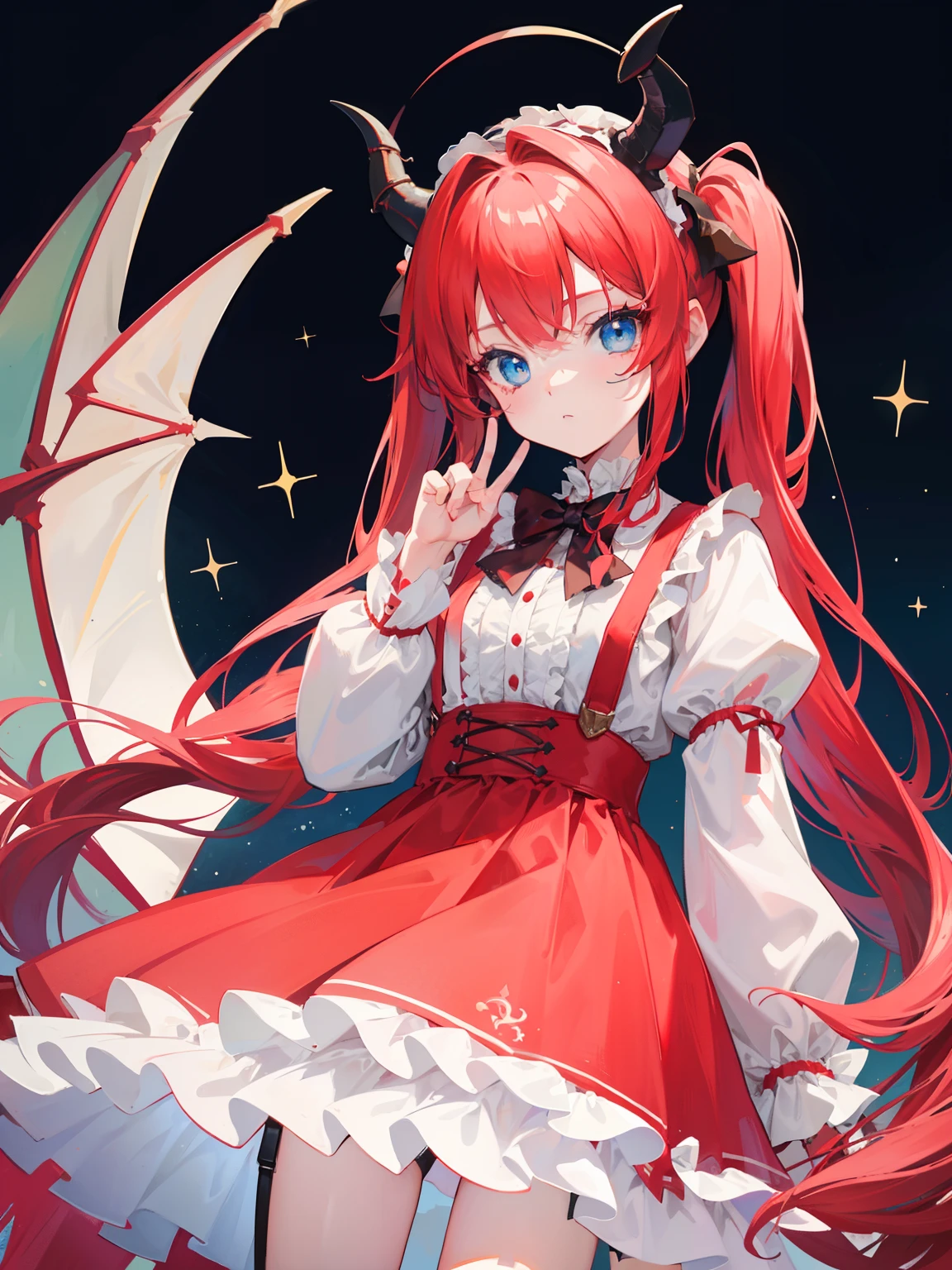 {{best quality}}, {{masterpiece}}, {{ultra-detailed}}, {illustration}, {detailed light}, red hair,blue eyes,twintails,lolita,Suspenders skirt,Fantastic,loli,solo,Dragon horns, girl,long hair