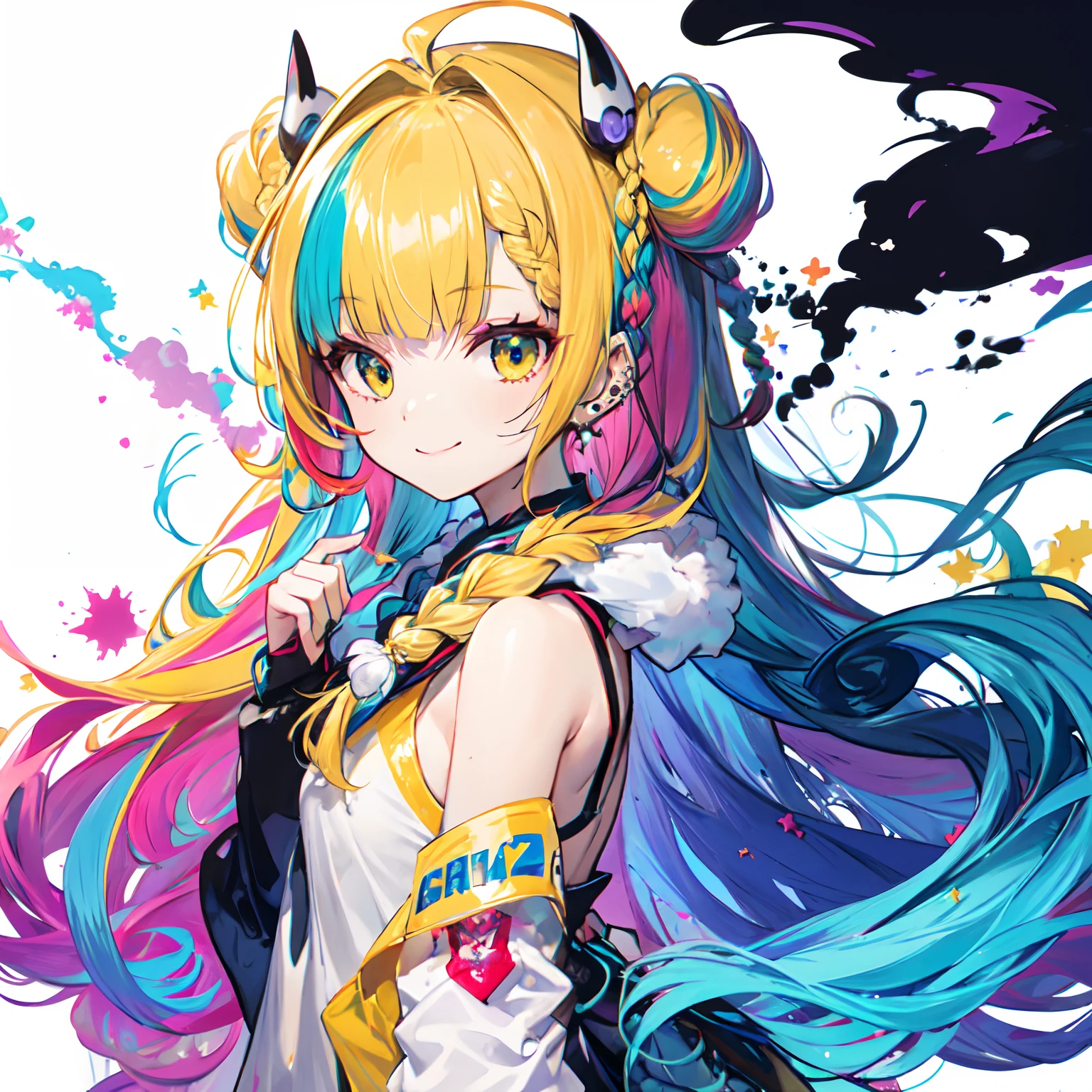 from side,solo,(braid,hime cut:1.3),two side up,dreadlocks,(drill hair,afro,ponytail,twintails,hair bun:0.8),(wavy multicolor hair:1.2),(smokeanywhere:1.4),piercing,smile