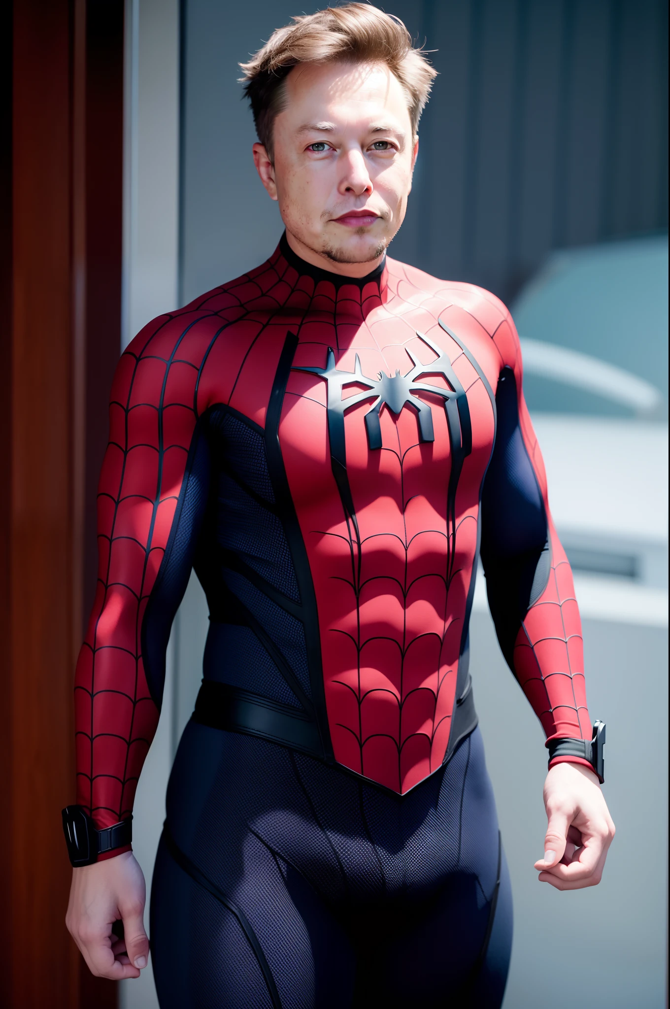 1man, Elon Musk as Spiderman, thigh up, muscular, 8k