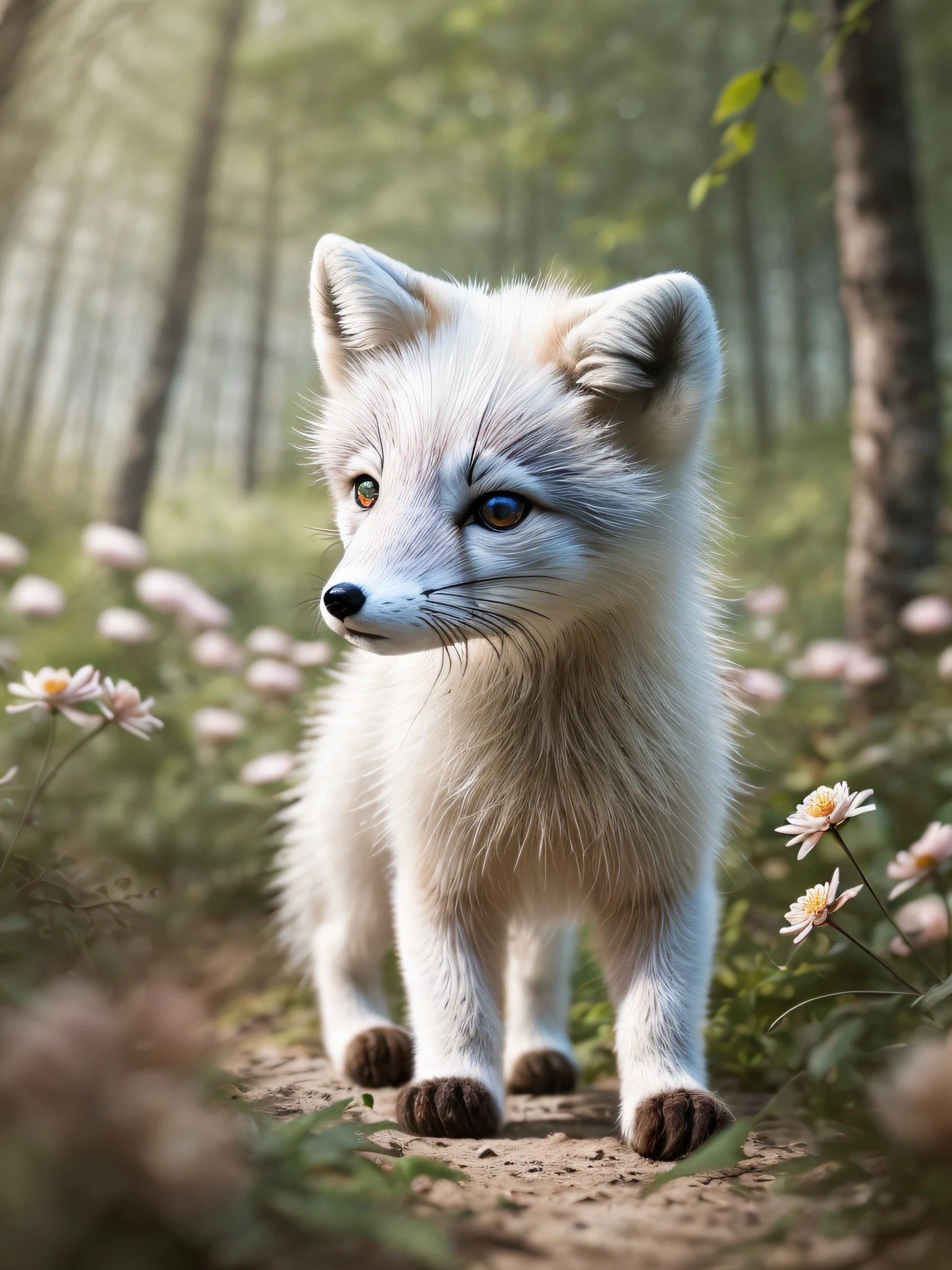 (:1.2)(Arctic fox)painting of a、Spectacular realistic photos、in woods、A lot of beautiful flowers、forest trees々、Sunlight、depth of fields、blurry backround、The tree々Add depth to your images with a backlight effect that filters sunlight、