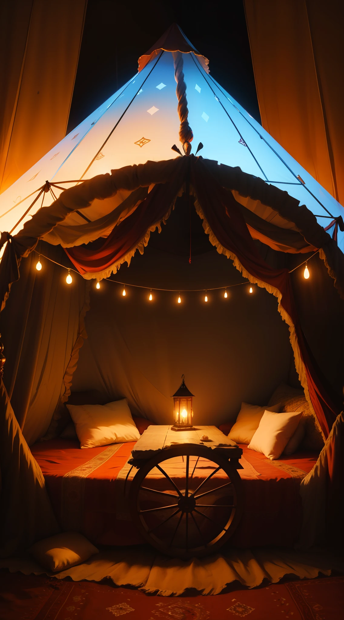 a gypsy wagon wheel inside a mystical gypsy tent, tenda medieval iluminada por velas, bola de cristal, RPG, oracule, Jason Chan