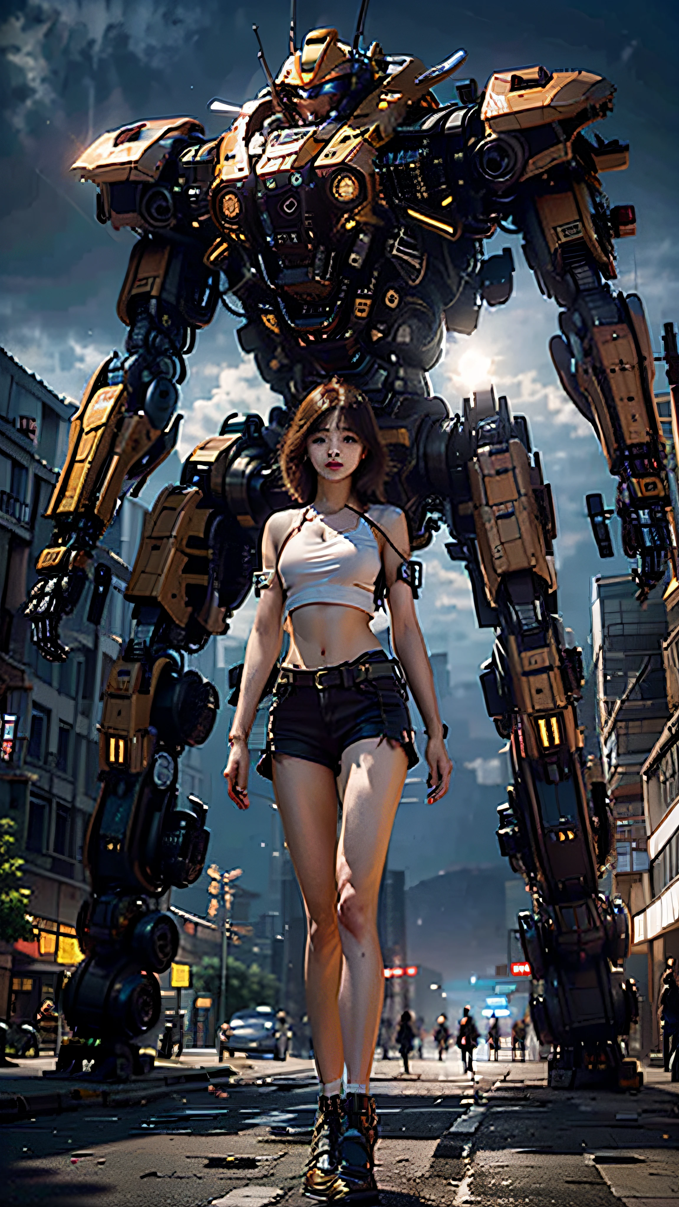 ((masterpiece, best quality)),illustration,ultra detailed 8k,photorealistic,sharp focus,highly detailed,professional lighting,colorful details,iridescent colors BREAK extreme long shot of a factory,large mechanical robot construction,microchip,computer,glowing,intricate details,shitu-mecha,1girl is standing in front of the audience,Navel