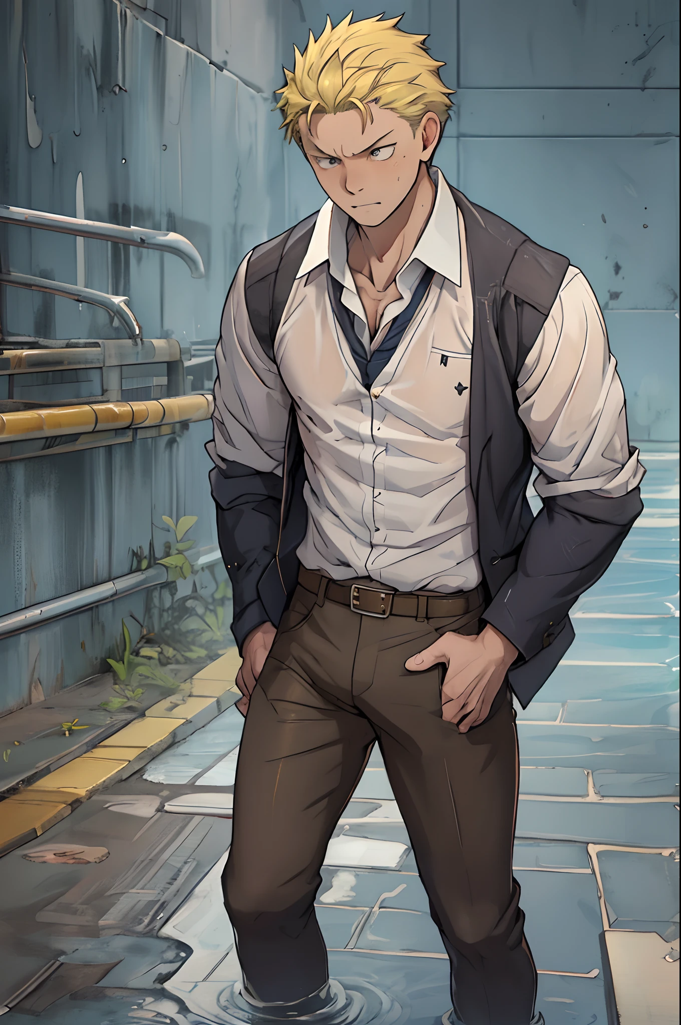 (1 Adult male),A high resolution, Sharp focus, Pixiv masterpiece, ((Complicated details)), highly detailed, natsuki_subaru, 1 man,perfect male figure,Urine on the trouser leg, Nervously bow your head,is shy,embarressed,exhilarated,is shocked,panicking,worry,A pool of urine formed around him,Very eager to pee,Unbearable,Wet yourself,Urine discharge,full bodyesbian,are standing,Tired,decadent, blue color eyes(eyes glowing), Short yellow hair,white shirt,Wear a tie,Wear a belt,trousers,perspire,Drenched,Get wet,pissing,urine flows down the pants,look from down