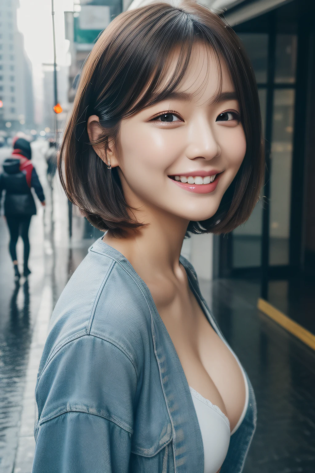 ((Best Quality, 8K, Masterpiece:1.3)), Focus: 1.2, Perfect Body Beauty: 1.4, Buttocks: 1.2, ((Layered Haircut, Breasts: 1.2)), (Wet Clothes: 1.1), (Rain, Street:1.3), Bandeau Dress: 1.1, Highly Detailed Face and Skin Texture, Fine Eyes, Double Eyelids, Whitening Skin, Long Hair, (Shut Up: 1.3), Smile