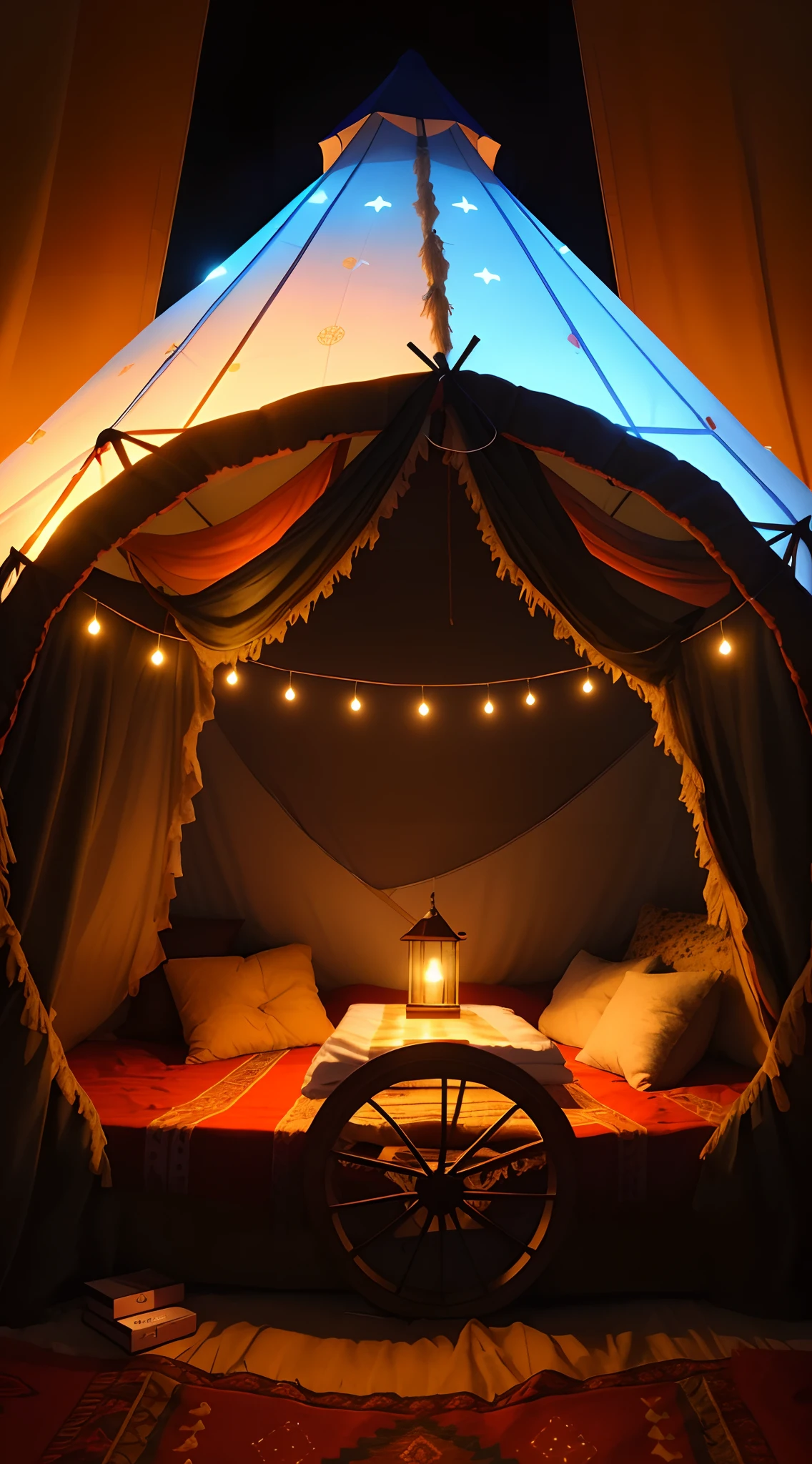 Araffe tent with a bed and a wagon wheel with lights, interior de uma tenda, Glamping, Fundo antigo da tenda interior, Cozy setting, atmosfera aconchegante, Atmoshpere aconchegante, ambiente aconchegante, cozy lighting, ambiente aconchegante, comfortable environment, Romantic Atmosphere, luzes aconchegantes, lugar aconchegante, em uma tenda colorida, toldo, ambiente acolhedor e tranquilo, luz de velas aconchegante, luz de velas claras, luz de velas intensa