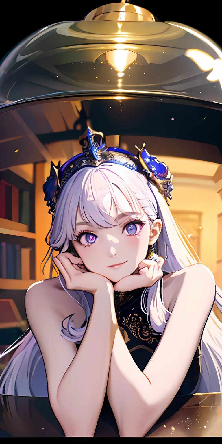 [(Transparent background:1.5)::5],(((Masterpiece))),(((Best quality))),(((Extremely detailed))),illustration, 1girll,Solo,mysterious,vivd colour,Shiny, Underwater transparent sealed hemispherical glass dome, (White hair),(Purple eyes), full bodyesbian,Barefoot,Long hair is calm and natural, Koi,Underwater, Dome,Close up,Dynamic actions,Lens perspective,(((Box composition))),sitting cross-legged，Leaning against the bookshelf, voluminetric lighting, multi colored eyes, Detailed eyes, ultra - detailed,Light smile, Highly detailed, Beautiful, small detailed, Ultra detailed, Best quality, Intricate, 4K, 8K, trending on artstationh, Good anatomy, Beautiful lighting, Award-winning,