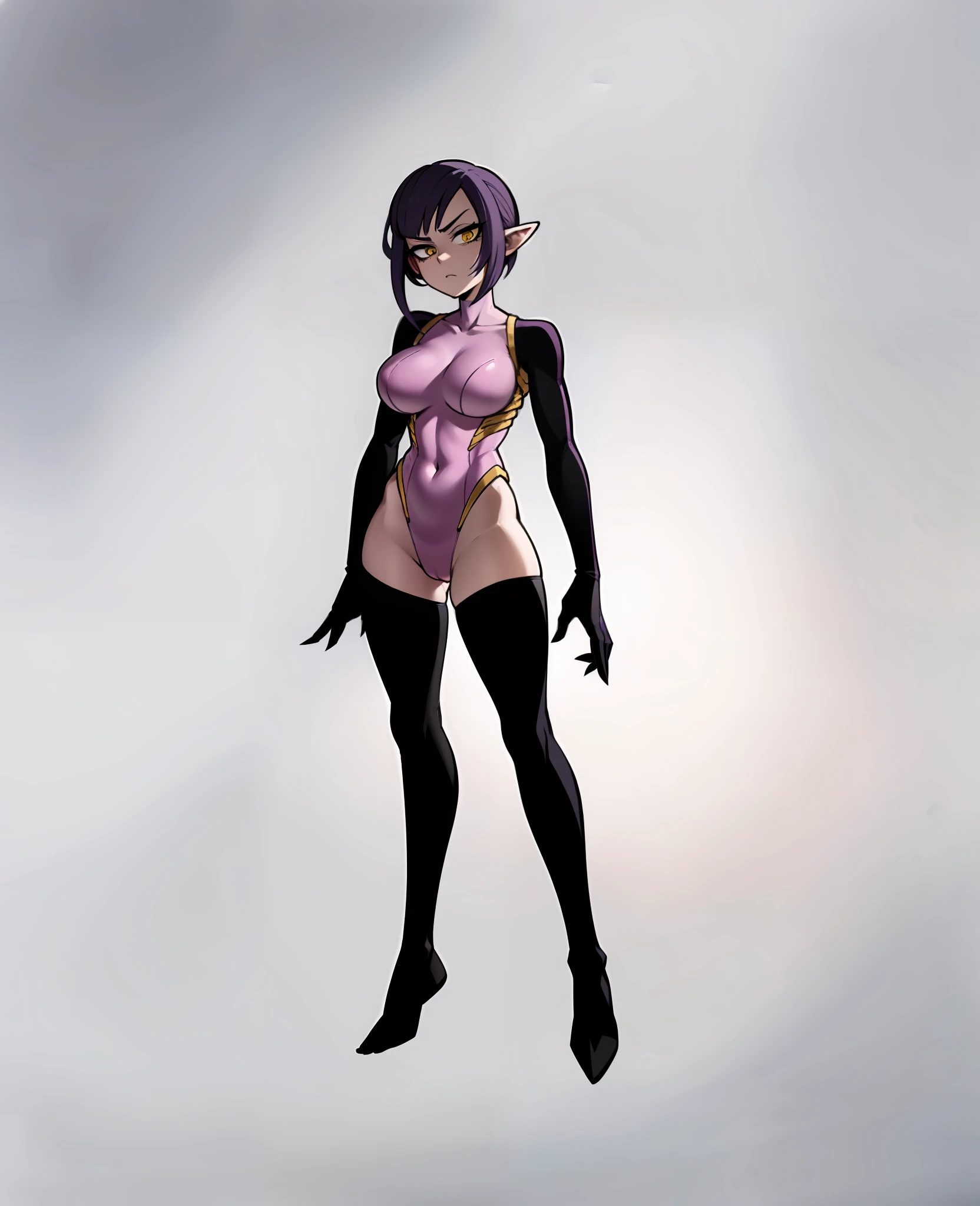 My Hero Academia style, anime Girl, female, Amity Blight, The Owl House, trending on artstation pixiv, (full body shot:0.5), Masterpiece, Perfect Anatomy, Super Detailed, Pale skin, golden yellow eyes, pointy ears, Hair tied into a high ponytail pulled up in front, undercut on the sides, two-tone hair, long purple hair with brown roots, Wide thighs, wide hips, Large breast, full body suit, hero suit, Spotted purple suit, multi-toned suit, purple suit, multi shade purple suit, light purple spot suit, dark purple spot suit, one piece suit, purple symbiote, Claws on hands and feet,