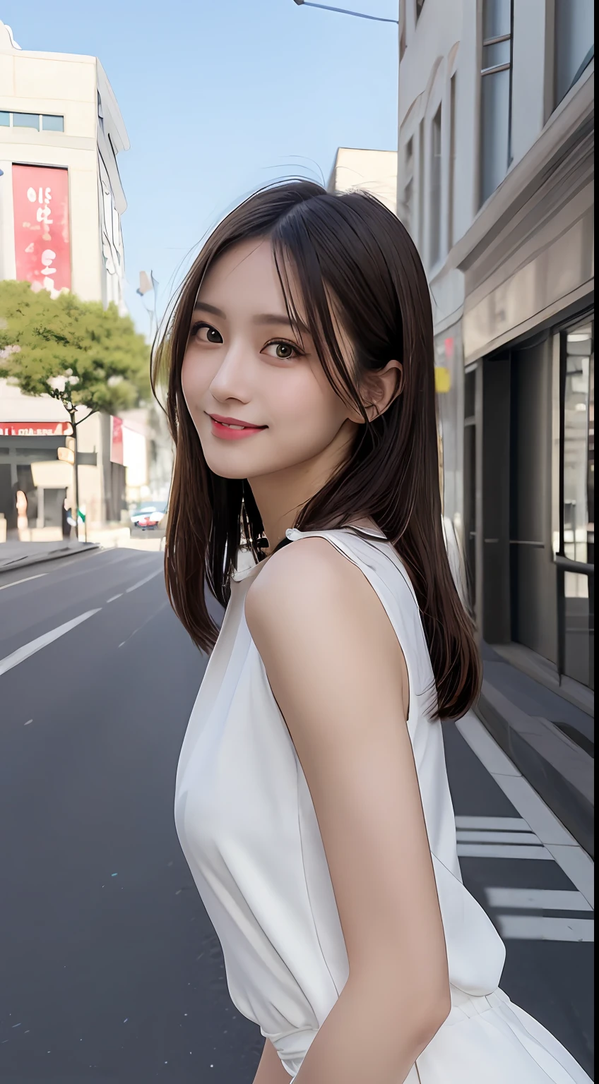 masutepiece, Best Quality, Illustration, Ultra-detailed, finely detail, hight resolution, 8K Wallpaper, Perfect dynamic composition, Beautiful detailed eyes, doress,Medium Hair, Big breasts, Natural Color Lip, Random and sexy poses,Smile,Aoyama Street Walk、Sleeveless dress、20 years girl、skinny body shape