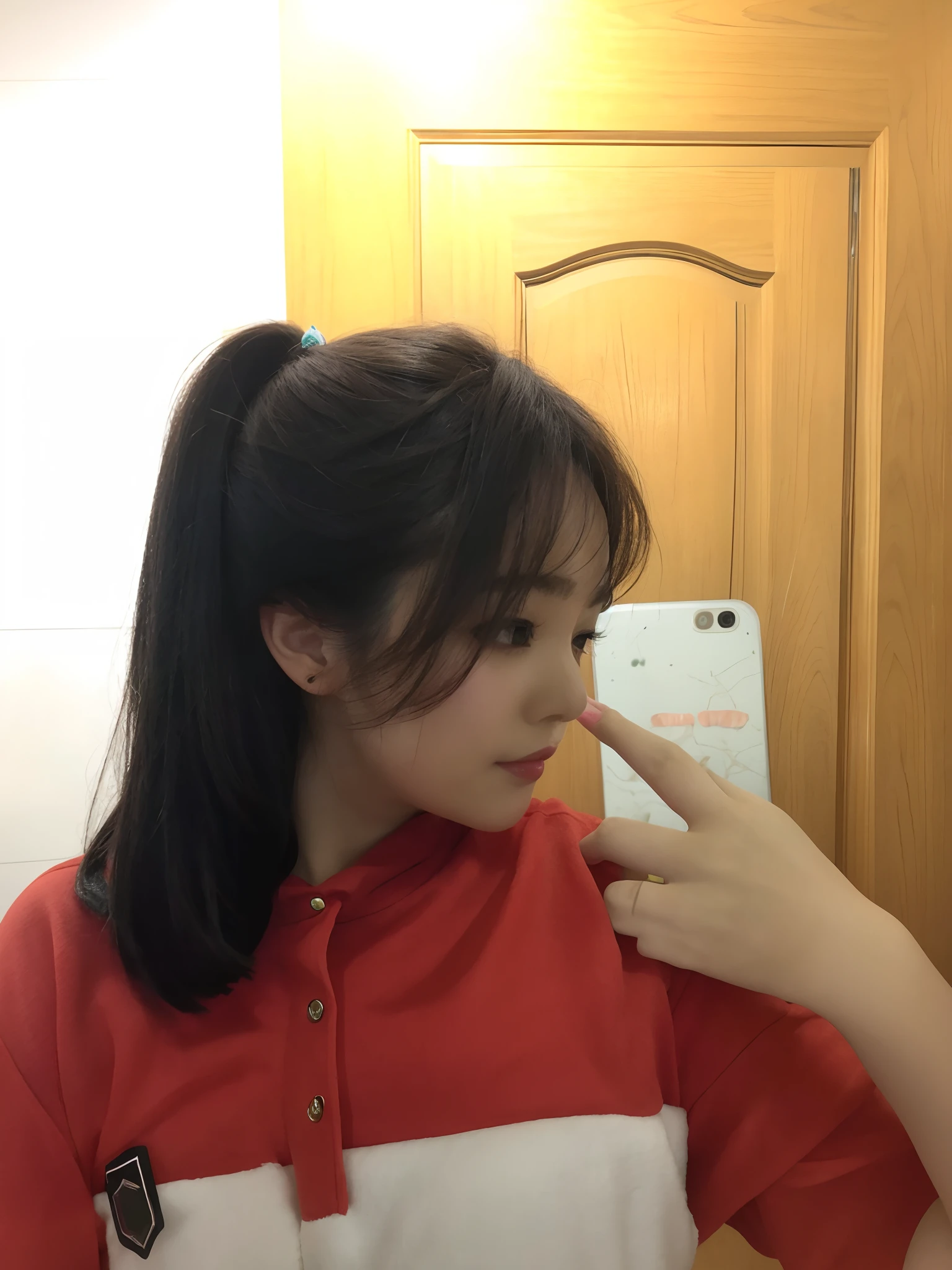 In the mirror is a fifteen-year-old girl taking a selfie, nakeness,Full-figured,seductiv,,Very exposed and comfortable,No clothes on,Didn't wear any clothes,Remove clothes