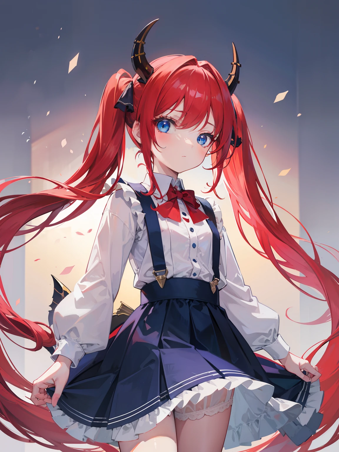 {{best quality}}, {{masterpiece}}, {{ultra-detailed}}, {illustration}, {detailed light}, red hair,blue eyes,twintails,lolita,Suspenders skirt,Fantastic,loli,solo,Dragon horns,little girl,long hair