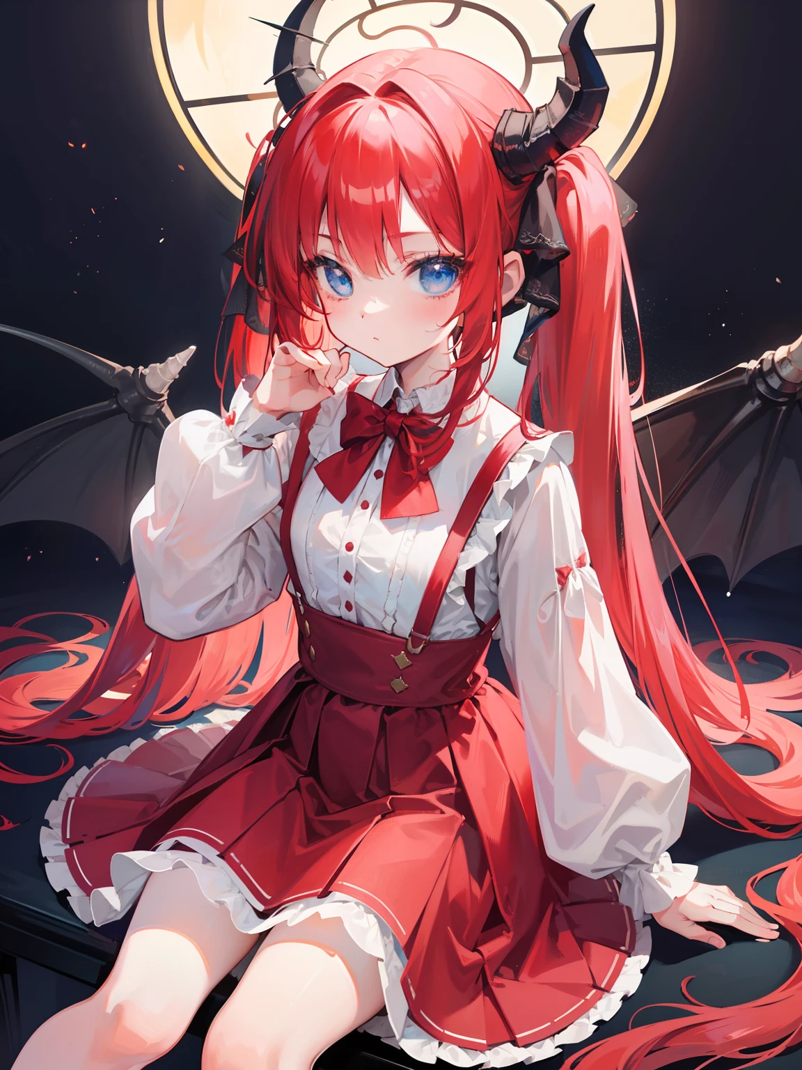 {{best quality}}, {{masterpiece}}, {{ultra-detailed}}, {illustration}, {detailed light}, red hair,blue eyes,twintails,lolita,Suspenders skirt,Fantastic,loli,solo,Dragon horns,little girl,long hair