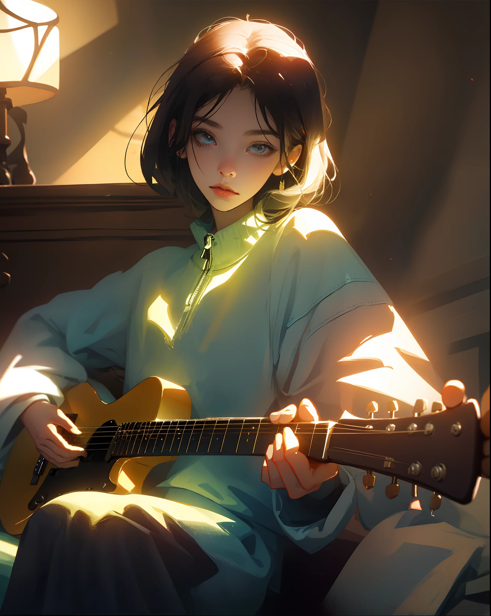 An optimistic one，Slender girl playing guitar in a cozy dark room