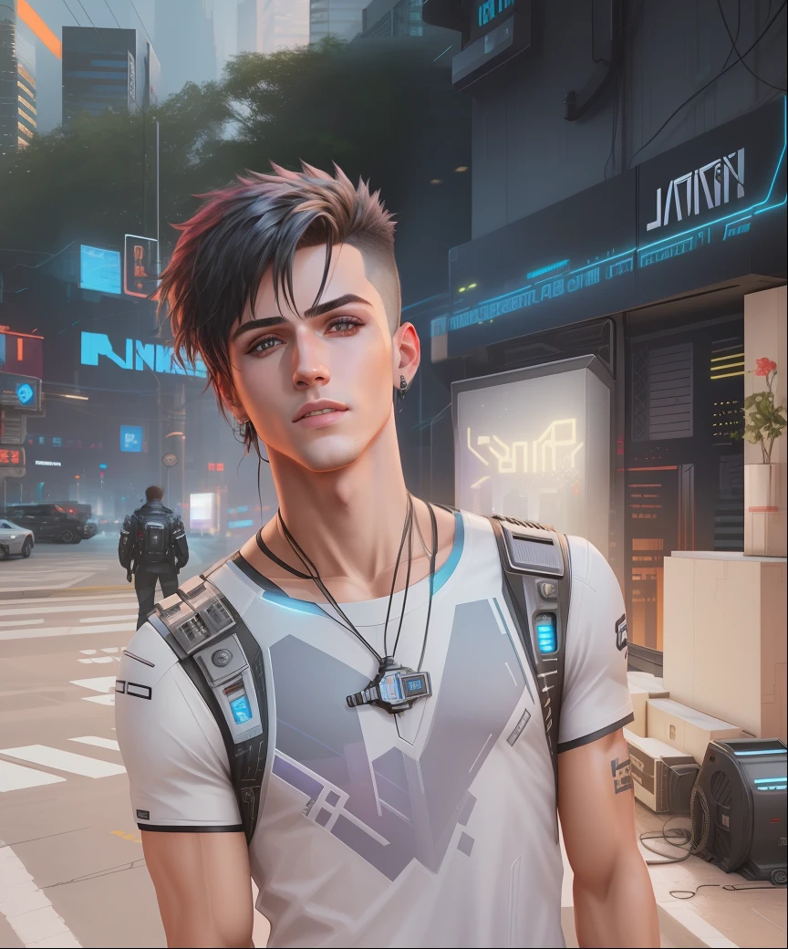 Change background with cyberpunk, handsome boy with black jinc cort, realistic face,8k realistic