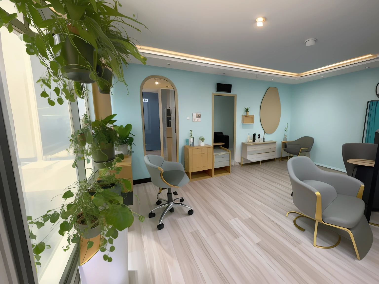 There was a room，There are a lot of chairs and a plant inside, photo from 2022, Hairstyles, commercially ready, Relaxing environment, central image, Beautiful image, competition winning, saloon, detailed wide shot, Modern look, retro look, Peaceful environment, completely filled space, Profile image, F42, Professional work, upscaled, Full head