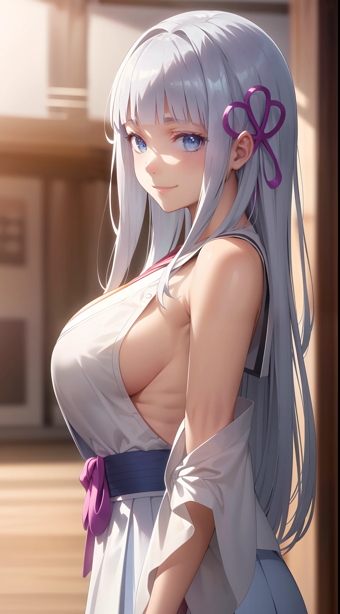 hair ornament, very long hair, japanese clothes, professional artwork, Intricate Details, field of view, sharp focus, detailed painting, photorealistic lighting, trending on pixiv, Standing at attention, ((school girl, summer school outfit)), ((large breasts:1,3)), Beautiful body,Beautiful Nose,Beautiful character design, perfect eyes, perfect face, looking at viewer, SFW,official art,extremely detailed CG unity 8k wallpaper, perfect lighting,Colorful, Bright_Front_face_Lighting, (masterpiece:1.0),(best_quality:1.0), ultra high res,4K,ultra-detailed, photography, 8K, HDR, highres, absurdres:1.2, Kodak portra 400, film grain, blurry background, bokeh:1.2, lens flare, (vibrant_color:1.2), shikkoku_yorihime, (happy smile, cheers), ((looking at viewer, front body pose, front view))