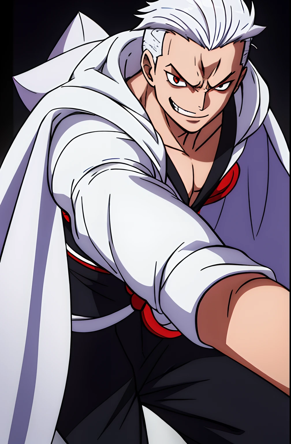 1boy, wanostyle, White hair, smiling, red eyes, young, , fierce, pokeball, looking at viewer, solo, upper body, ((masterpiece)), (best quality), (extremely detailed), depth of field, sketch, dark intense shadows, sharp focus, soft lighting, hdr, colorful, good composition, background, ship in the background, spectacular, closed shirt, anime screencap, scar under eye, ready to fight, black eyes, white robe, black pants, red cape, sailor outfit, sailor outfit under cape
