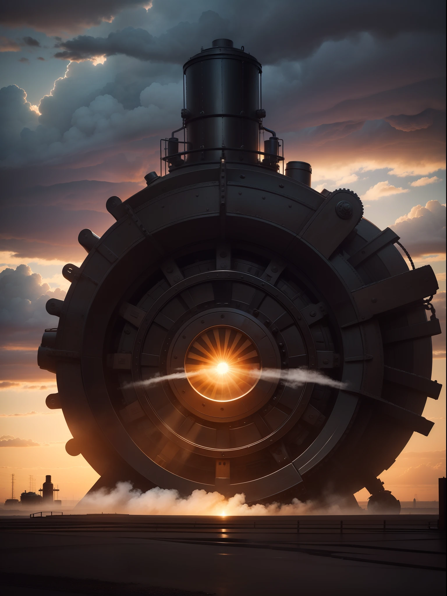 Steam wind,The huge engine in the center is running,Dark clouds obscured the sun in the sky,There are still a glimmer or two of dawn shining through the clouds on creation