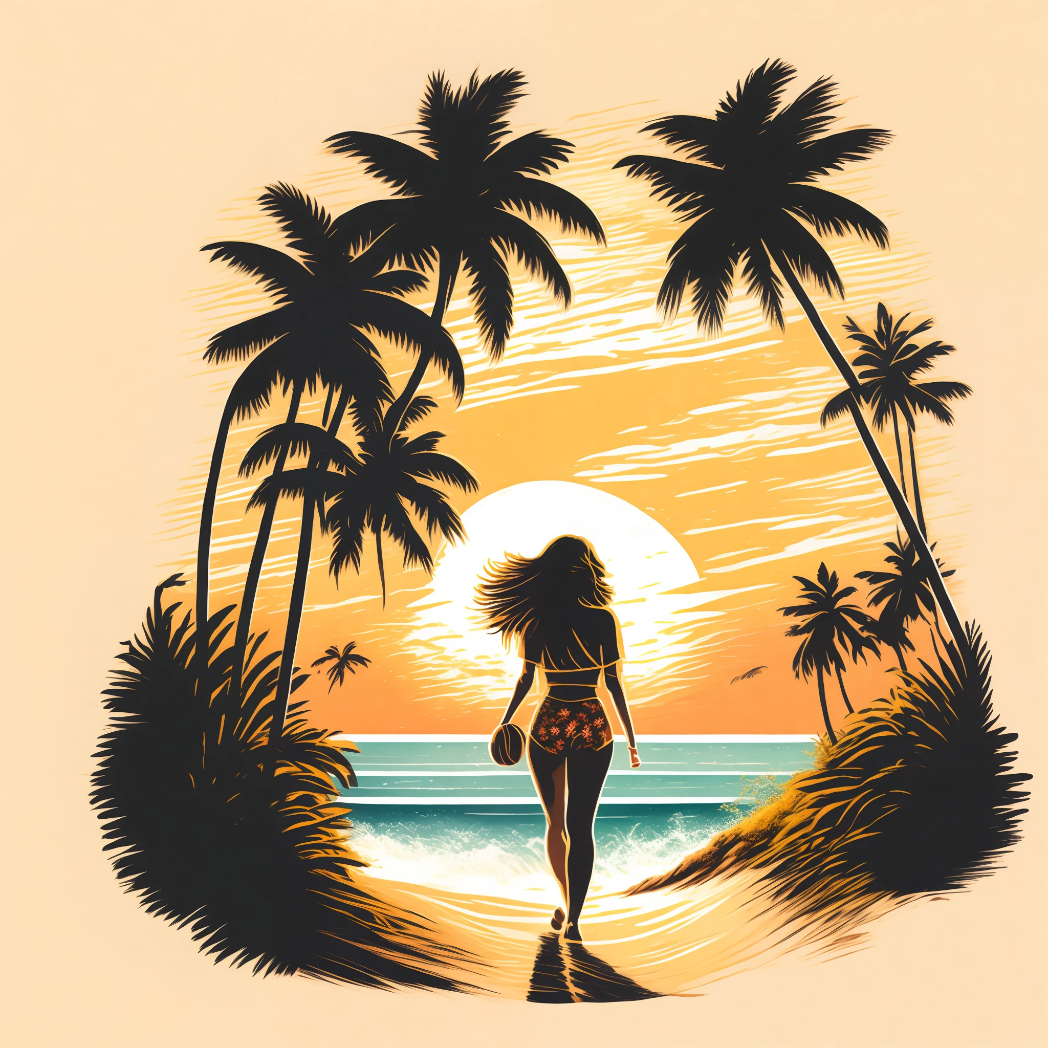 "Hand drawn nostalgic t-shirt design,Sunny Beach is a beautiful landscape,Bikini woman walking, The shadow of the coconut tree falls gracefully. Add dynamic characters to enhance visual storytelling."