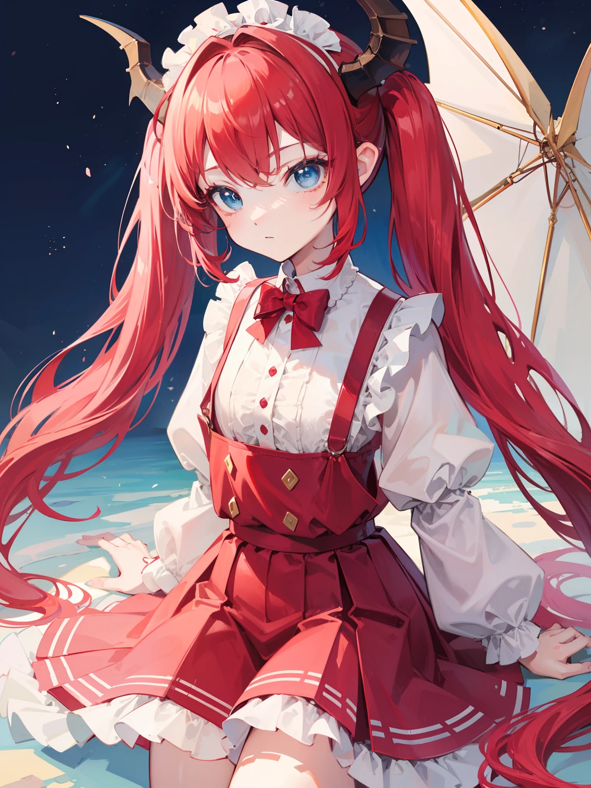 {{best quality}}, {{masterpiece}}, {{ultra-detailed}}, {illustration}, {detailed light}, red hair,blue eyes,twintails,ta,Suspenders skirt,Fantastic,lolio,Dragon horns,little gir