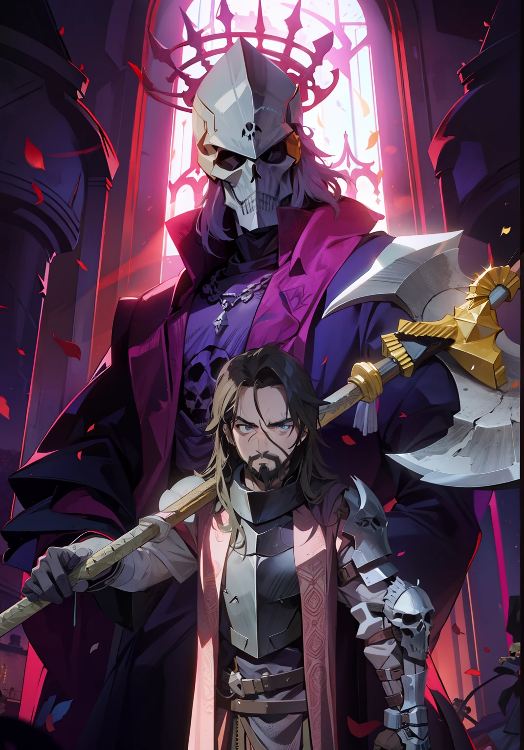 Knight man with characteristic goatee serious giant axe, giant skull iron skull