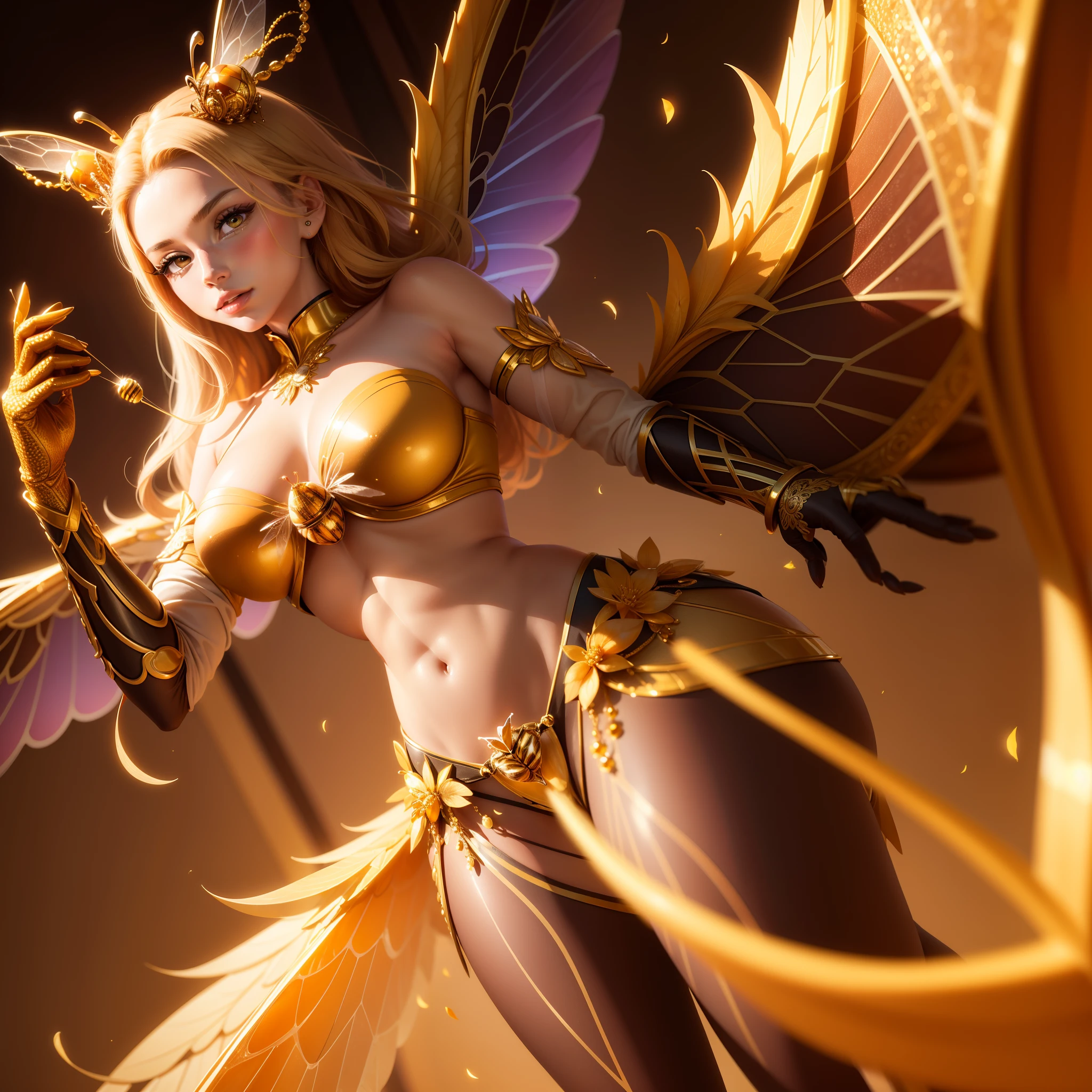 The logo presents a queen bee as the central and distinctive element. The queen bee would be depicted with refined details,
highlighting her elegance and nobility. She would have a well-defined body, delicate antennae, and a majestic posture.
She would be depicted in warm golden and brown tones, evoking the richness and natural beauty of honey.The wings of the
queen bee would be the focal point of the logo. Instead of regular wings, they would spread wider, and as they cross each
other, a rainbow would be visible, formed by vibrant and lively colors. The rainbow would consist of shades of red, orange,
yellow, green, blue, and violet, creating a magical effect and symbolizing the diversity and vitality of honey products.