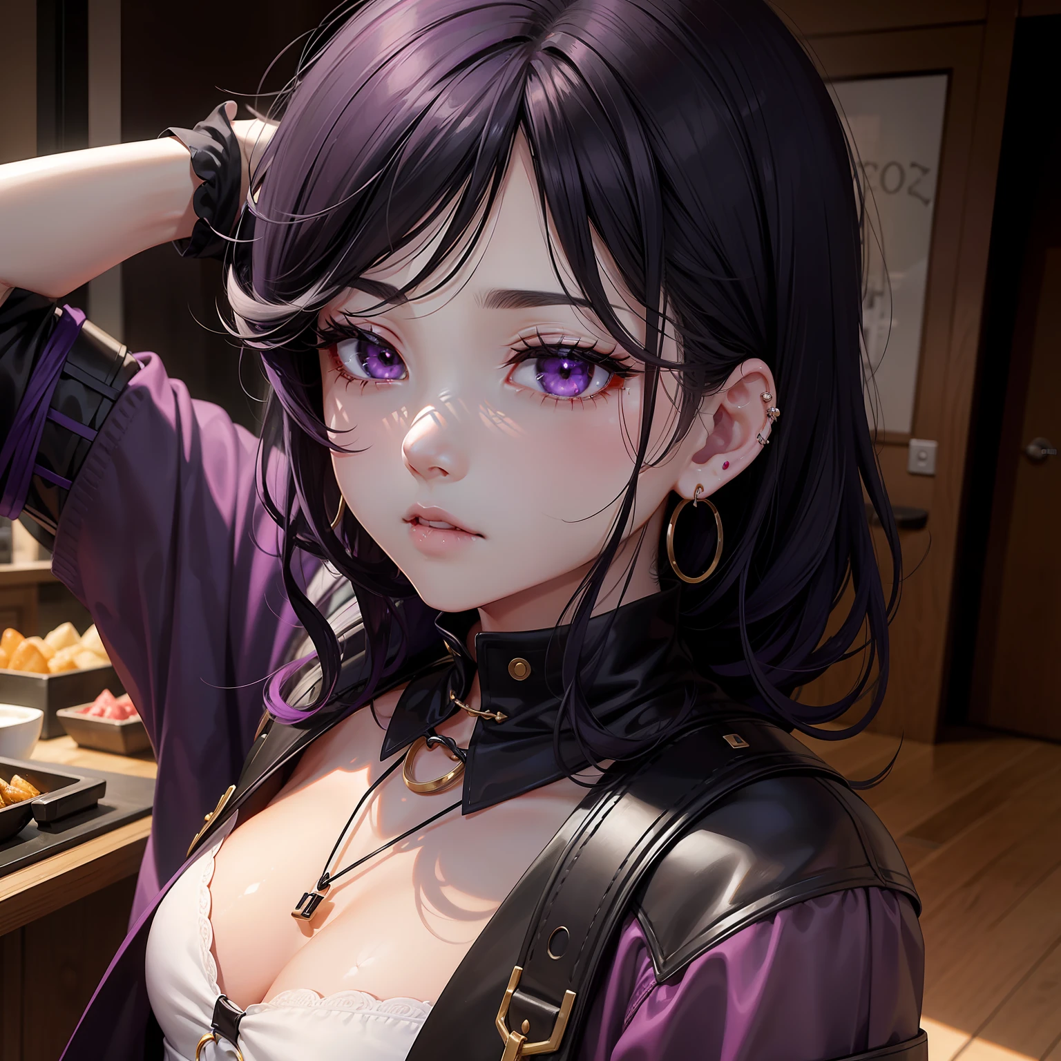 Black hair purple eyes、Sauce order、long lashes、short-cut、piercings、Man's daughter