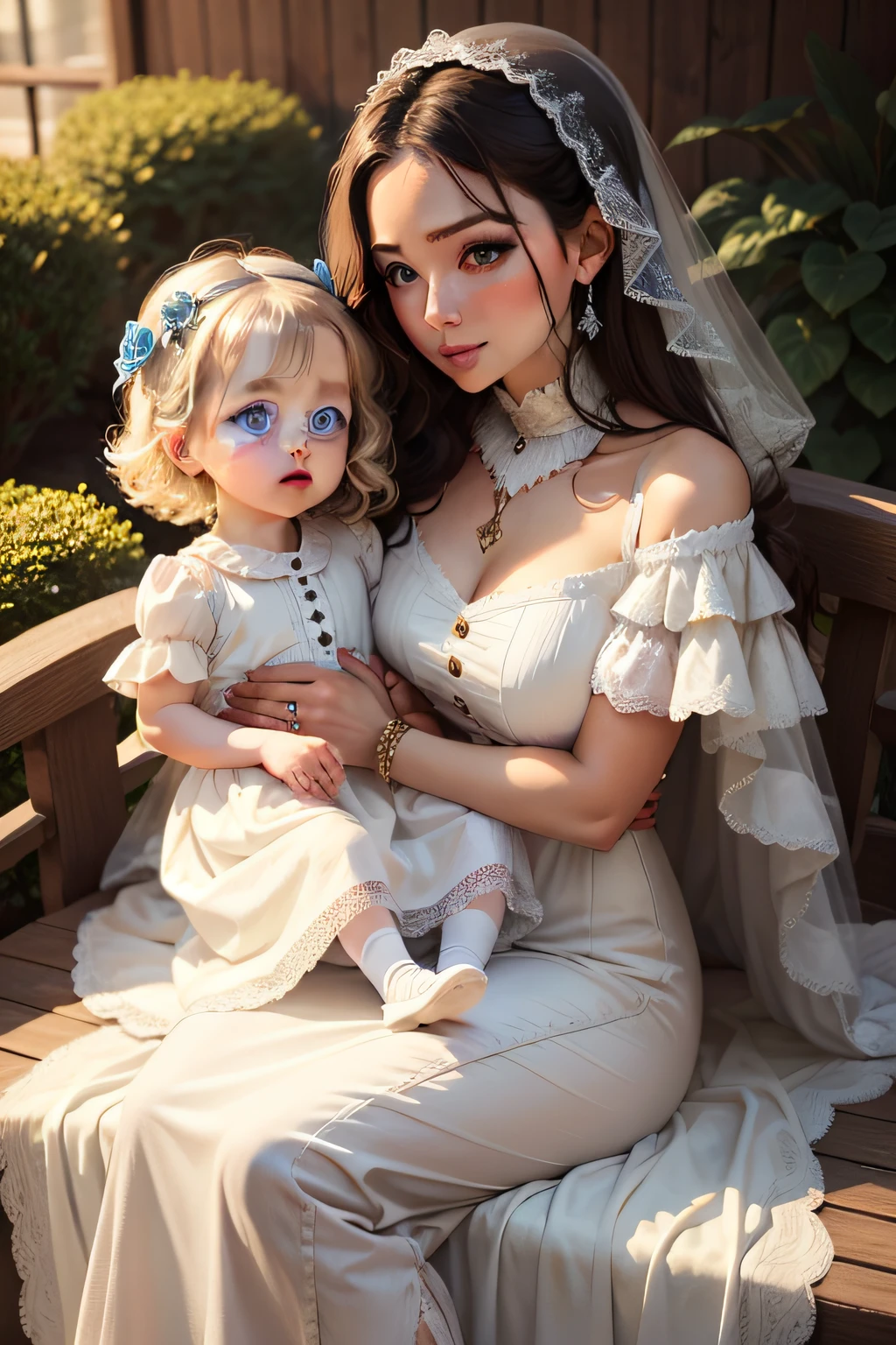 Sweet mom,Delicatemakeup,Exquisite clothing,Hold a cute little girl,naturey,ellegance