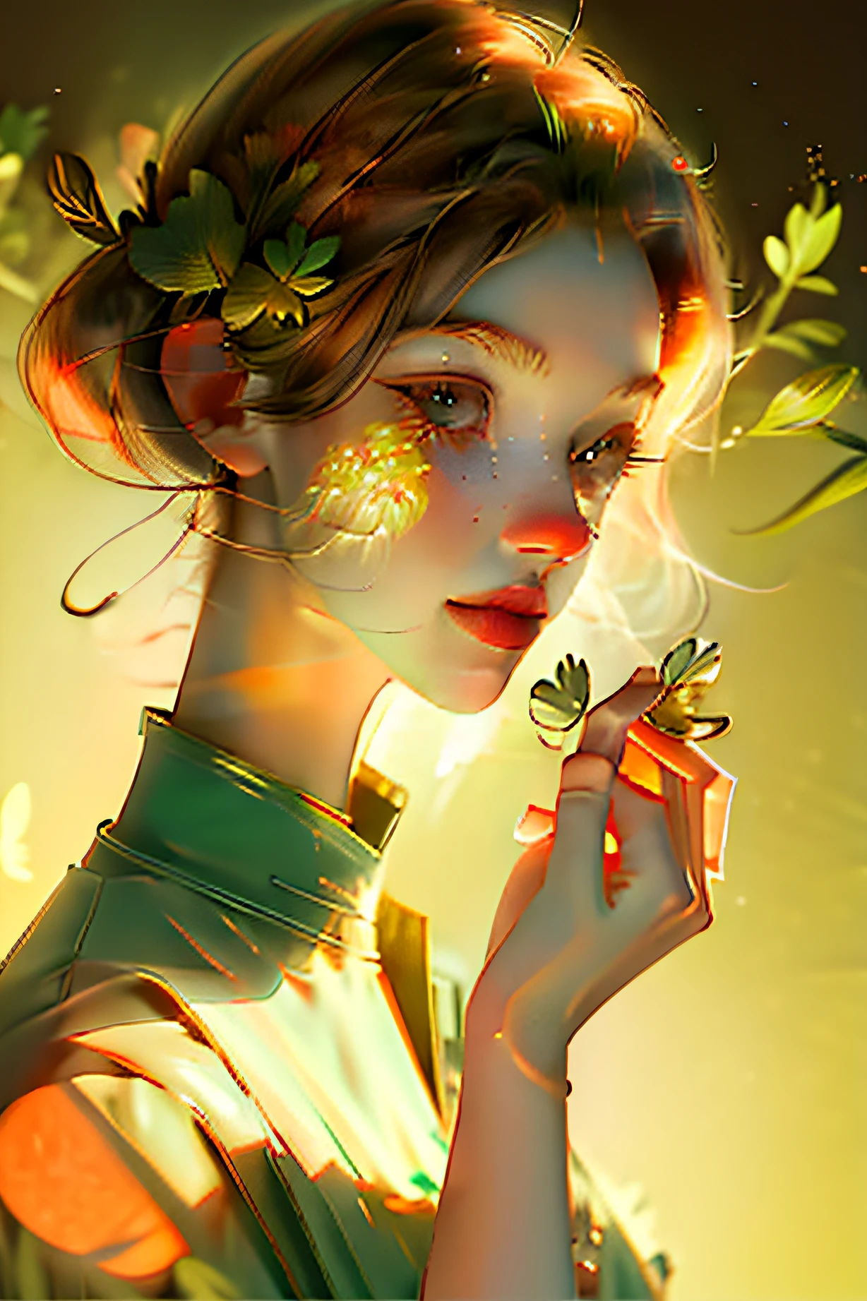 Bust,Side Body,Finger details,Holding a glowing four-leaf clover in his hand,The background is complex