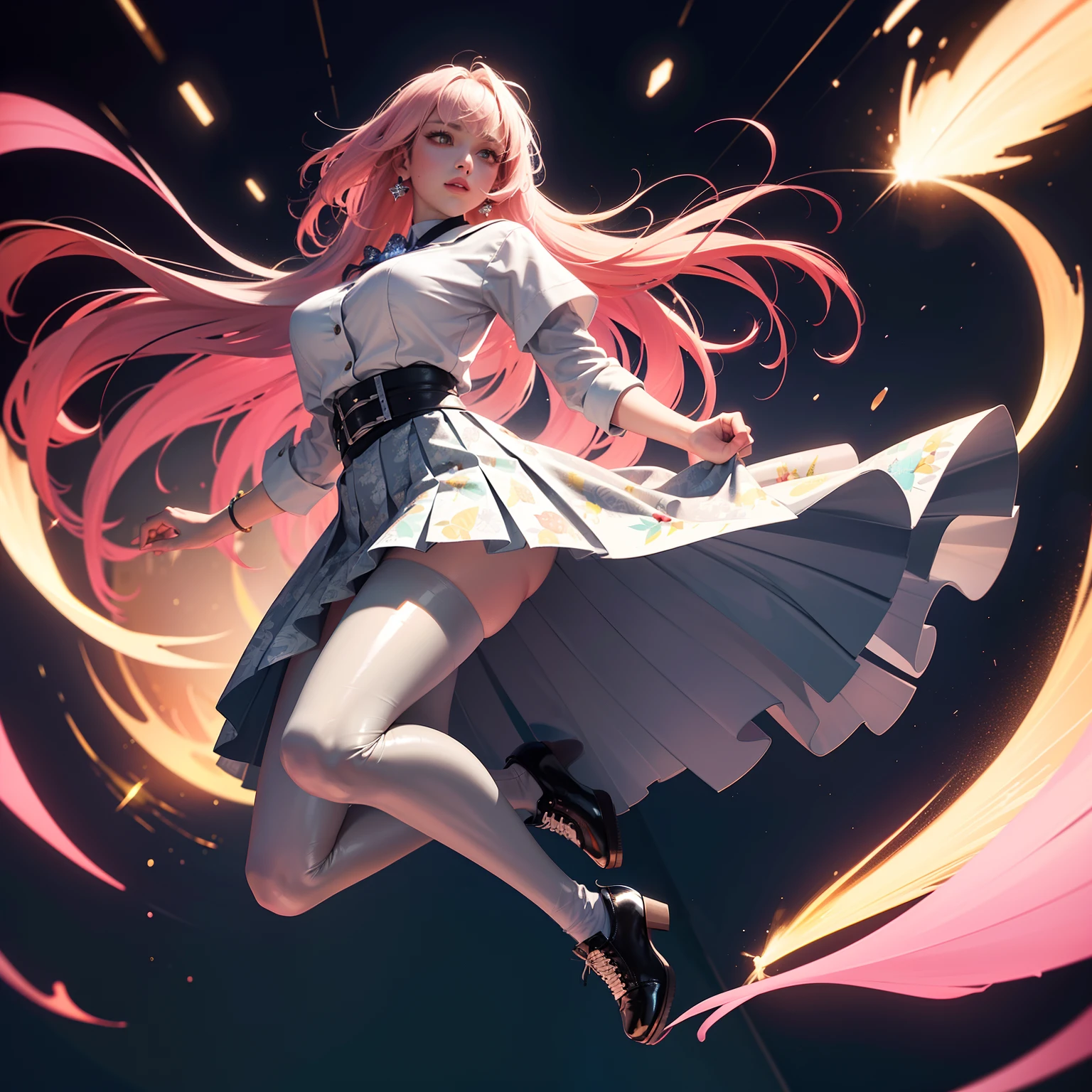 (full body:1.5),(looking at viewer:1.4),(anatomy correct:1.3),(In the paradise of the day:1.3),(Wearing Very thick Printed Pantyhose and JK Student Dress Printed Pleated Skirt and JK uniform leather shoes,and a large amount of jewellery :1.3), (A high jump posture:1.3),(In pink|amarelo|blue colors|green color|red colour|white colors|black in color|purpleish color|greys|Beige|Flesh color 1.4),,(Accurate and perfect face:1.4),(Clothing Gloss:1.25),(Skin reflection:1.25),hyper HD, Ray traching, reflective light,structurally correct, Award-Awarded, high detal, lightand shade contrast, Face lighting,cinmatic lighting, tmasterpiece, super detailing, high high quality, high detal, best qualityer, 16k,high contrast,