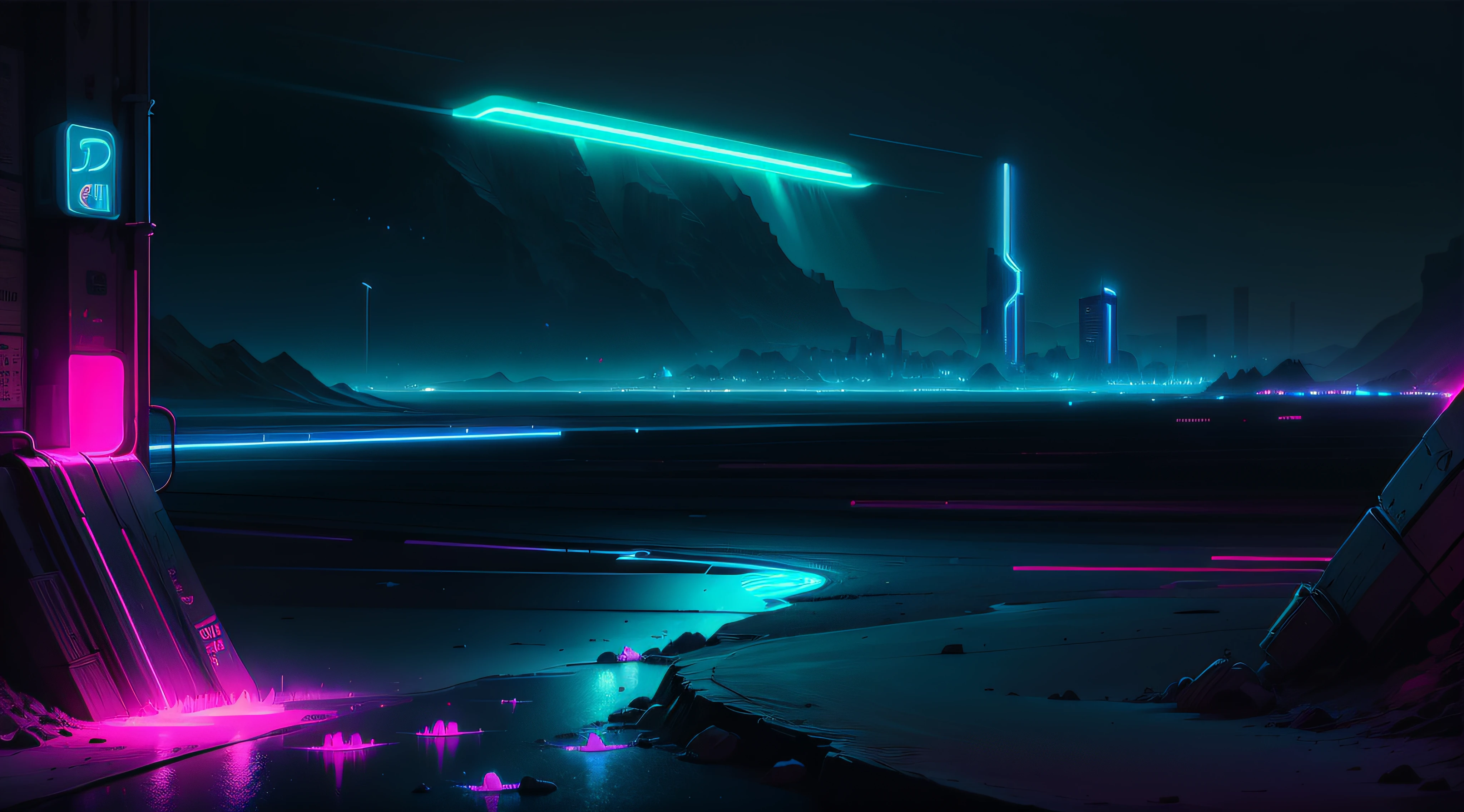 "(vulkano Landschaft), blaue Neonaura,".((neon city))