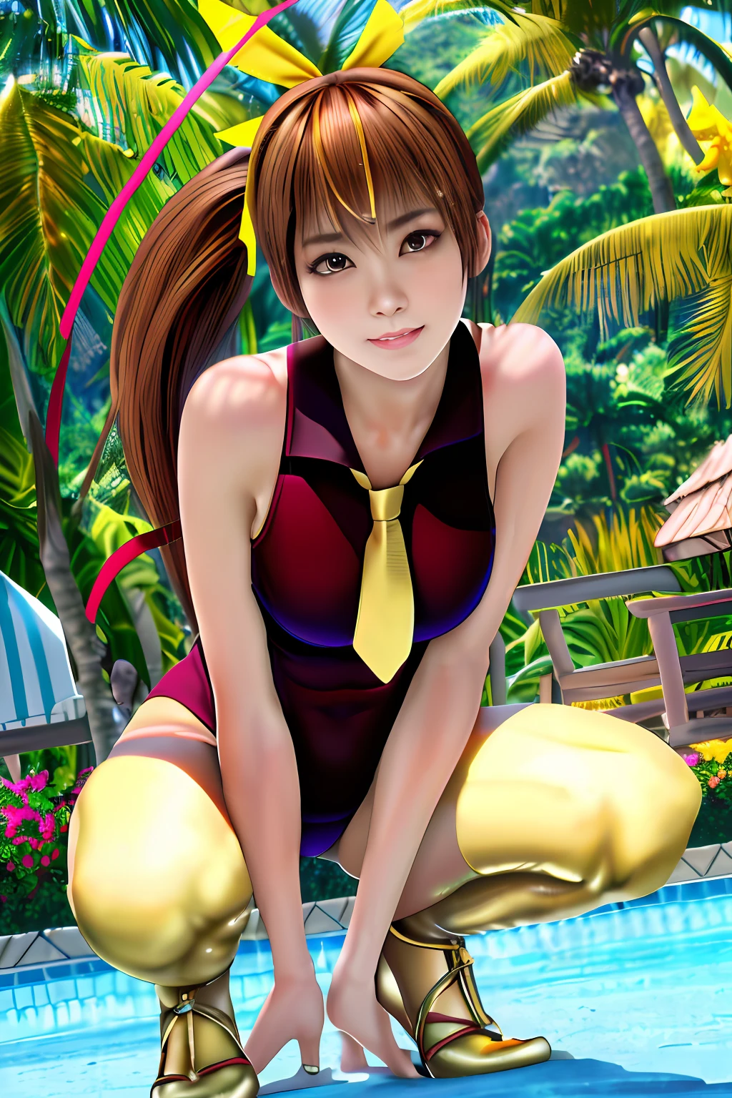 Top image quality、top-quality、8K picture quality、NSFW、1girll、full body Esbian、Haze、A smile、embarrassed from、red blush、(fucked silly)、Beautiful fece、light brown hair、poneyTail、(Tie your hair with a yellow ribbon:1.2)、Colossal tits、(Gold Metallic:1.4)、(Sleeveless)、(High neck competitive swimsuit)、(highleg)、(Crotch penetration)、(pin heels)、Squatting on the ground、Wake up the body、Straighten your back、(Open your crotch wide from side to side)、(breast sucking)、gazing at viewer、((Face the viewer:1.4))、((Show viewers your crotch:1.4)) 、((Frontal shot:1.4))、in poolside、profetional lighting、professional photograpy