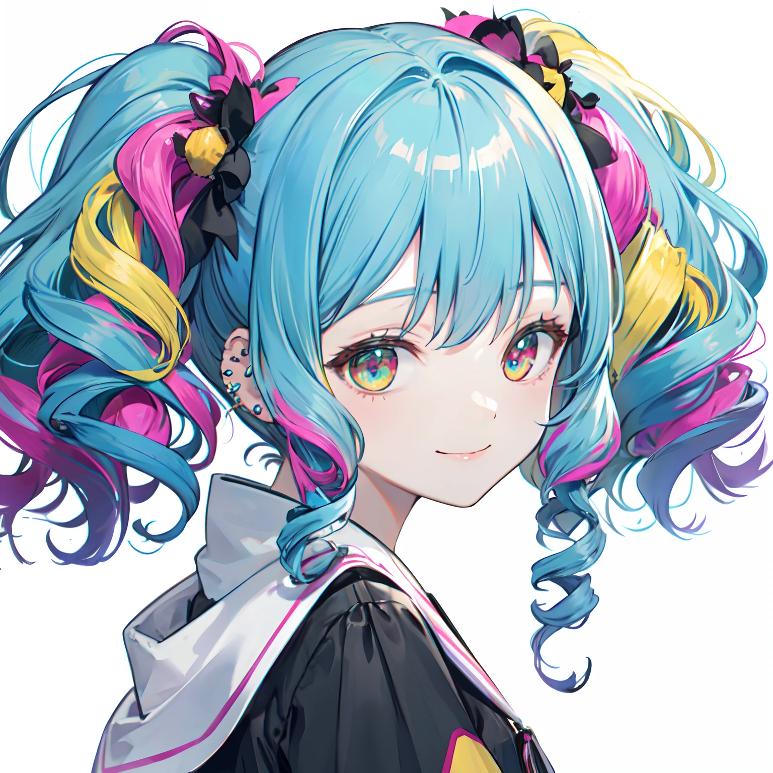 from side,solo,(two side up,twintails:1.4),braid,dreadlocks,(drill hair,hime cut,afro,ponytail,hair bun:0.8),(wavy multicolor hair:1.2),(smokeanywhere:1.4),piercing,smile