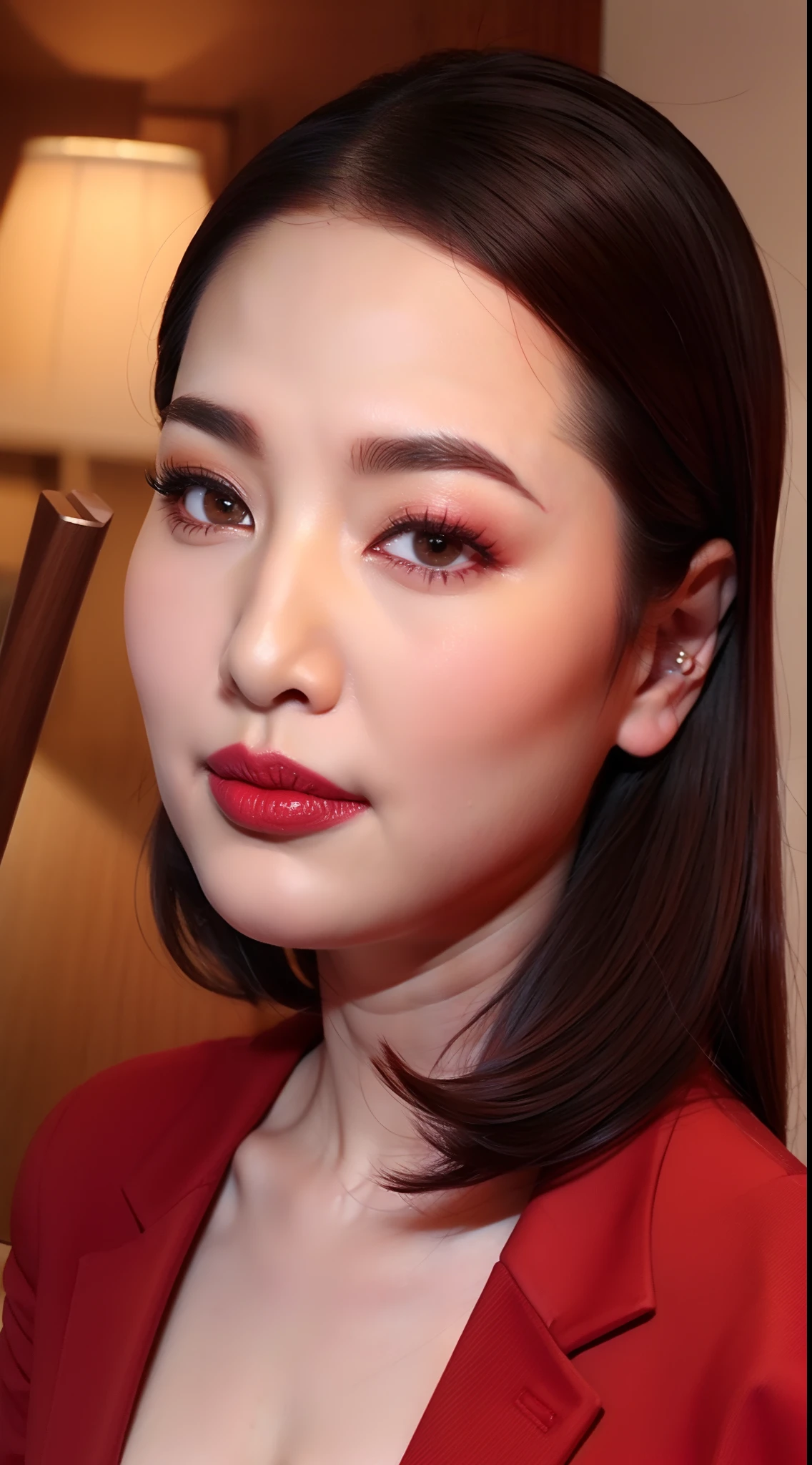 Mature Woman Politician, Bewitching look, frontage, Staring at this, The upper part of the body,Bright red lipstick,
