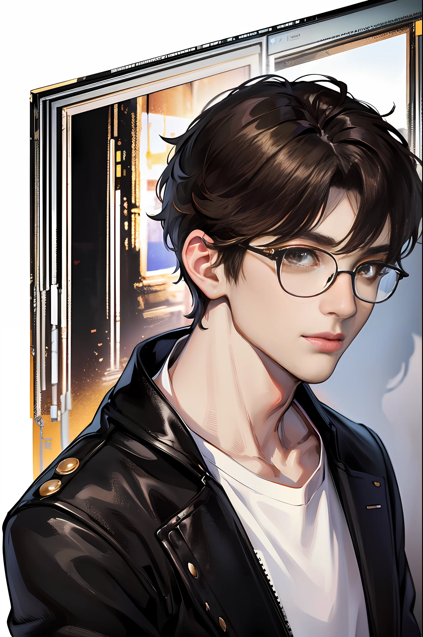 (highest resolution, distinct_image), brown pupils, brown eyes, wearing glasses, focused eyes, affectionate, best picture quality, male god masterpiece, high detail, short black hair, black hair, bangs, 18 years old, mature, young, urban elite, tall, white shirt, black pants, solid color background, cold, tall and handsome, authoritative, powerful, delicate facial features, delicate facial features, whole body