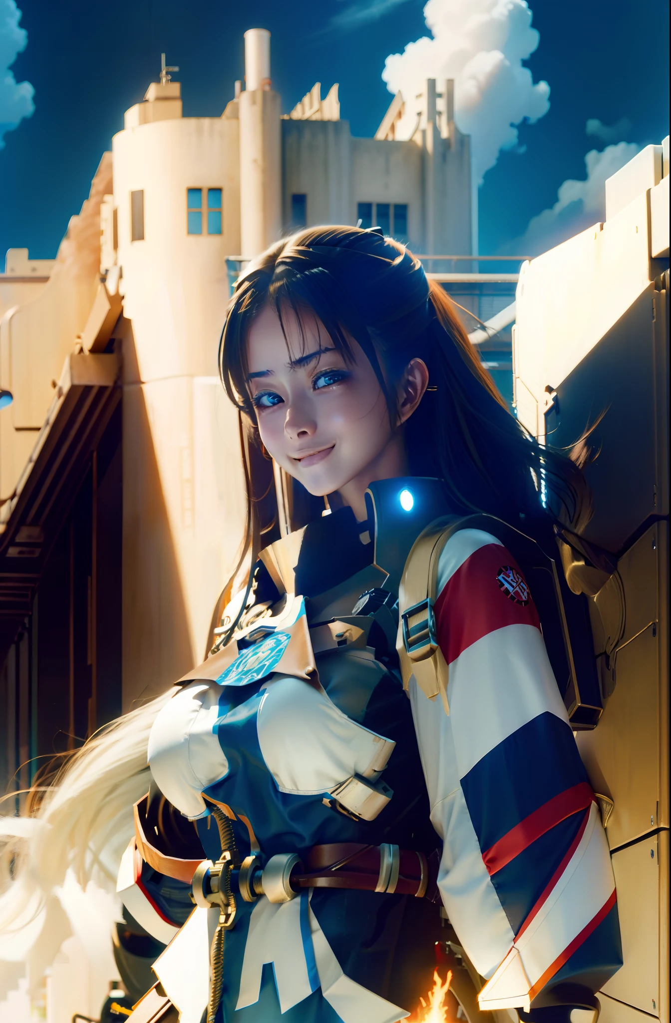 attack on titans,hair straight,mechanical sense,teens girl,White color hair,adolable, blue color eyes, hor ears, nase, with her mouth open, ssmile, Blonde hair, Neck strap, bshoulders, Bigchest, Arms, hason, big breasts thin waist, thick leg, upper legs, Feet, Flooring, standing
