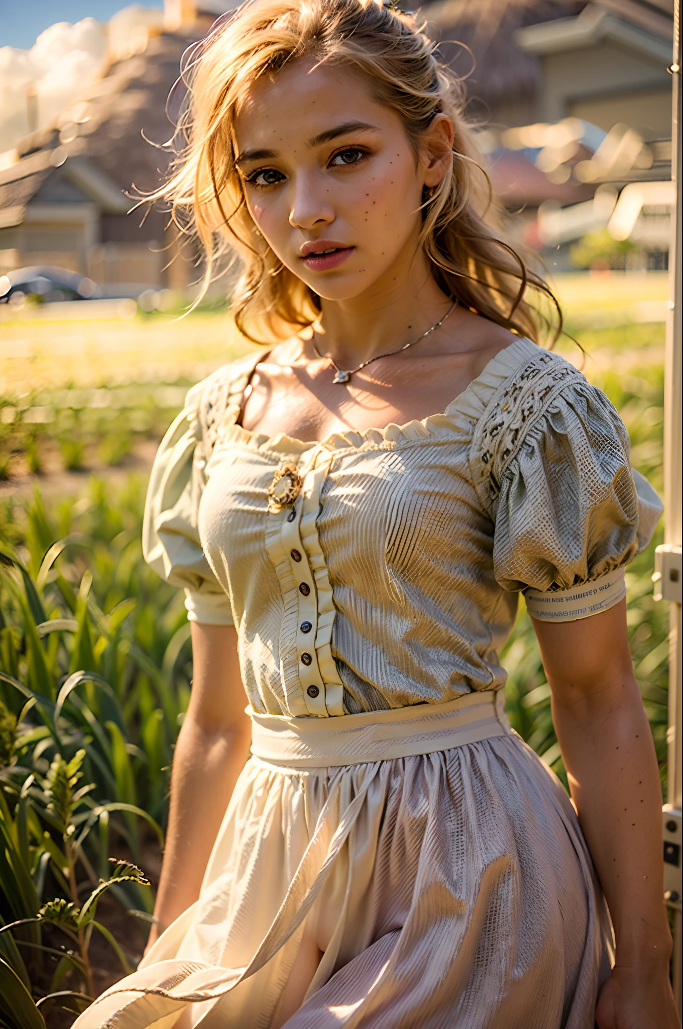 (realistic:1.3), finely detailed, quality, rembrandt lighting, (masterpiece:1.2), (photorealistic:1.2), (best quality), (detailed skin:1.3), (intricate details), dramatic, ray tracing, 1girl, american white girl, blonde hair, 21 years old, medium breasts, (Meadow, Sun, Clouds, Field, Farming, Starlight, Walking trail)
